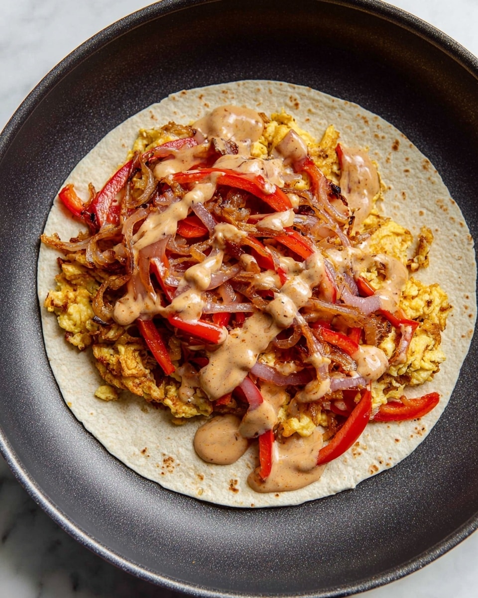 A tortilla wrap lies flat in a dark frying pan on a white marbled surface. The wrap has three visible layers: the base is a soft, pale tortilla; on top is a thick layer of golden-brown scrambled eggs with a slightly crumbly texture; over this are thin strips of sautéed red bell peppers and onions, glossy with a slight char; drizzled over everything is a creamy, light brown sauce with dark specks and smooth texture that spreads unevenly across the vegetables. Photo taken with an iphone --ar 4:5 --v 7