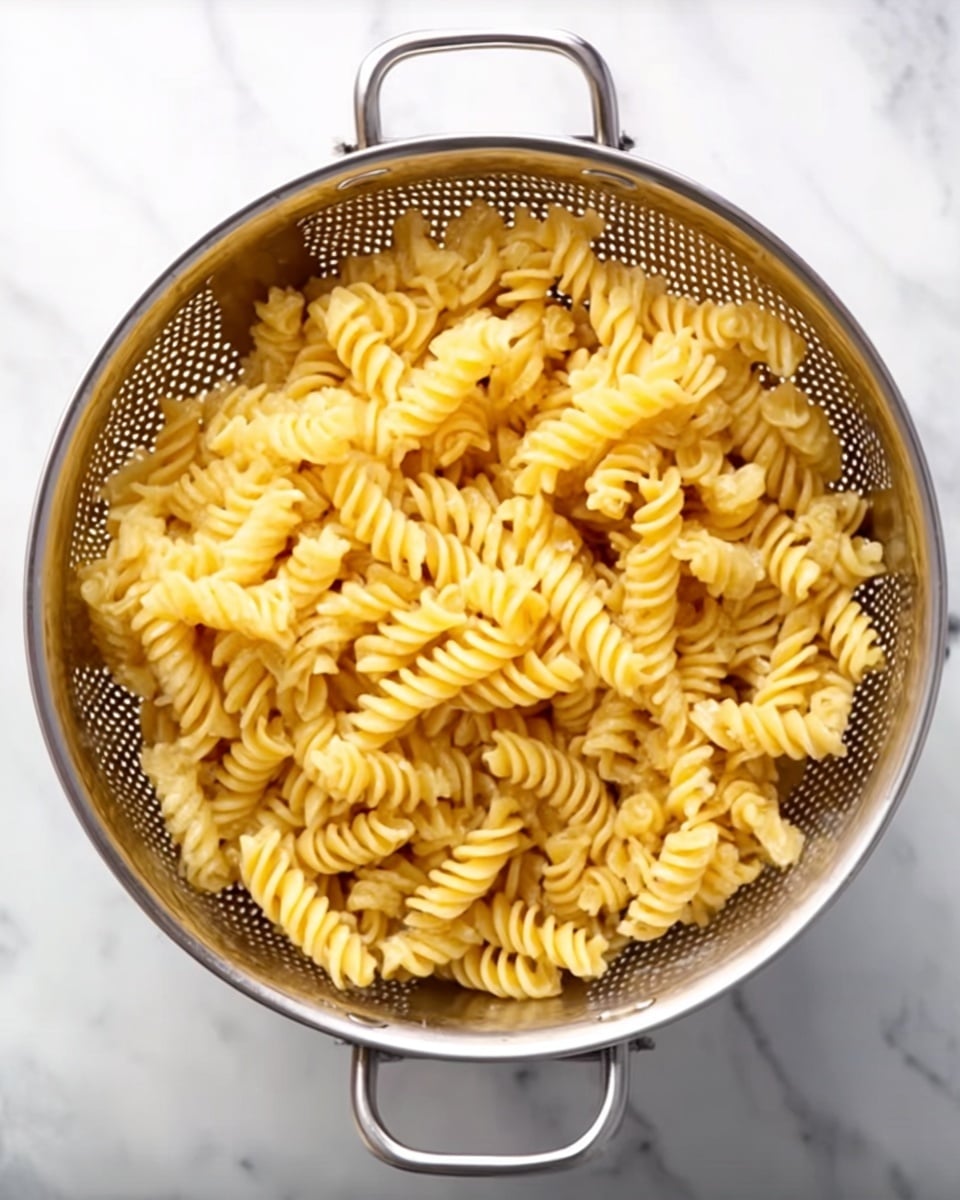 The image shows a silver metal colander filled with cooked rotini pasta. The rotini pasta is light yellow with a smooth texture and tight spiral shape. The colander has two handles on each side and is placed on a white marbled surface. The pasta fills the colander almost to the top, showing the tight curls and firm texture of the pasta. Photo taken with an iphone --ar 4:5 --v 7