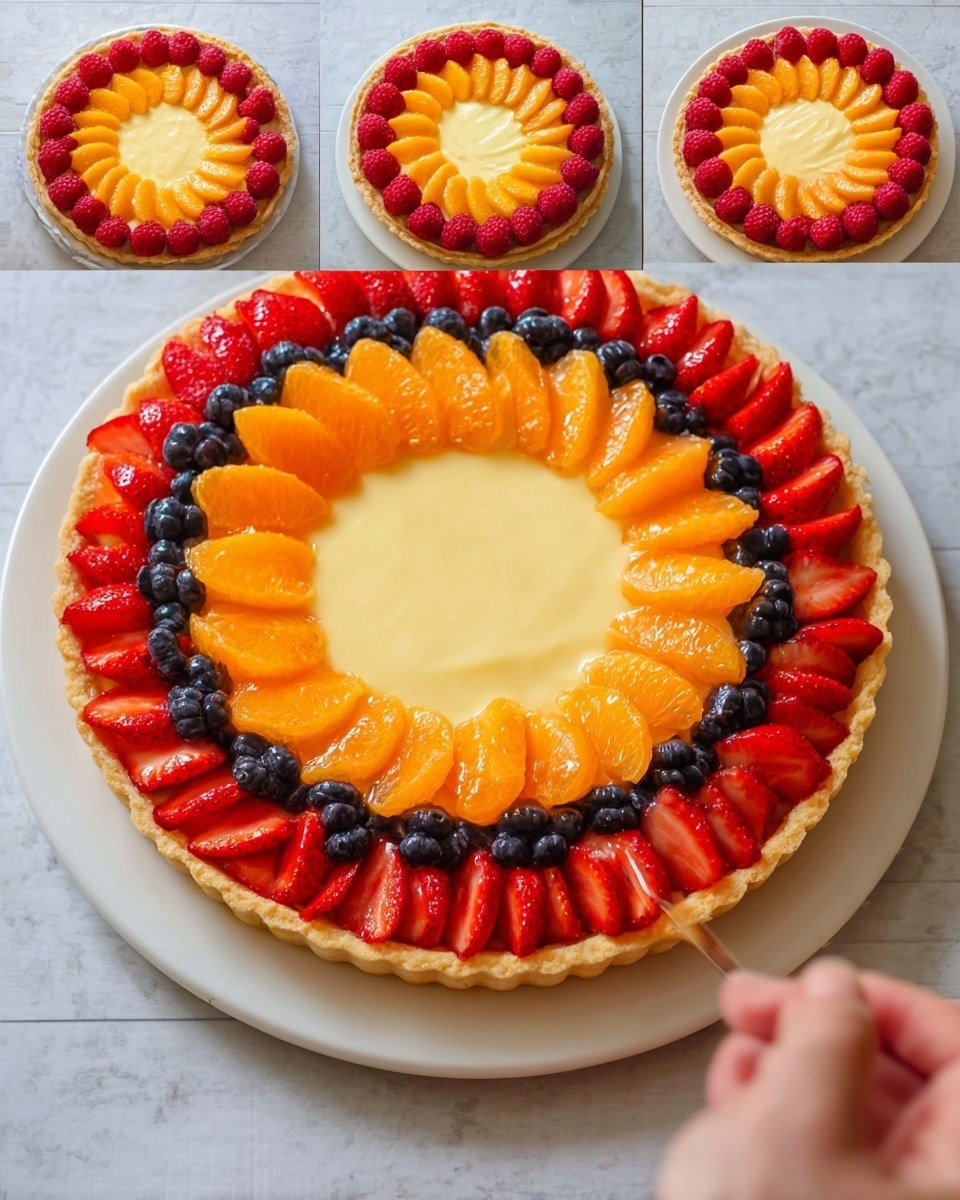 The image shows a fruit tart in six steps on a white plate set on a white marbled surface. The base layer is a golden crust filled with smooth, pale yellow custard cream, spread evenly across the tart. The second layer has a ring of halved bright red strawberries standing around the edge. The third layer adds a ring of orange segments inside the strawberry ring, each piece slightly overlapping. The fourth layer adds a circle of red raspberries inside the orange slices. The fifth layer adds dark blue blueberries around the outer edge, creating a colorful border. The last step shows a woman's hand brushing a clear glaze over the glossy fruit, making the blueberries, raspberries, orange slices, and strawberries shine. Photo taken with an iphone --ar 4:5 --v 7