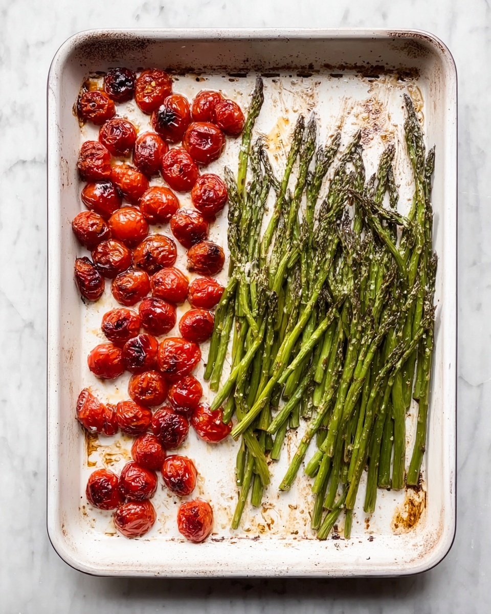 The image shows a white roasting tray on a white marbled surface, divided into two sections. On the left side, there is a single layer of small roasted cherry tomatoes, deep red with some juice and skin slightly wrinkled. On the right side, a single layer of bright green roasted asparagus spears is arranged close together, with some tips slightly browned. The tray has some browned spots from roasting. photo taken with an iphone --ar 4:5 --v 7