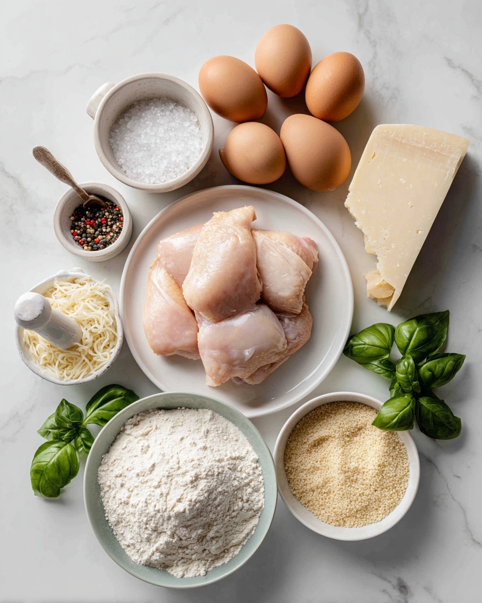 The image shows raw chicken pieces placed on a white plate in the center, surrounded by small containers and bowls of ingredients on a white marbled surface. Starting from the top left, there is a small bowl of salt, below it are three brown eggs stacked together, and next to them a white small bowl with peppercorns and a pestle. Below the eggs is a white decorative plate holding a pile of white flour. To the right of the salt and eggs, a block of parmesan cheese is angled diagonally, with a small bowl of grated parmesan cheese slightly above it. Next to that is a wedge of Romano cheese in packaging. At the bottom right corner, there is a round bowl filled with light tan panko breadcrumbs. Fresh green basil leaves are placed at the top right corner. All items are set on a white marbled surface. photo taken with an iphone --ar 4:5 --v 7