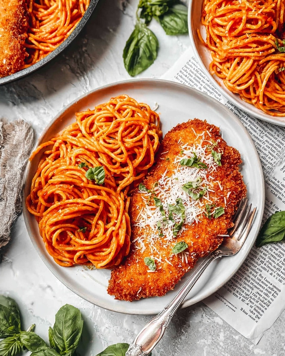 The dish shows a white round plate with two main layers: on the left side, a nest of bright orange spaghetti coated in smooth tomato sauce with a few small green basil leaves sprinkled on top, and on the right side, a golden brown crispy fried cutlet topped with fine white grated cheese and tiny green herb bits. A silver fork rests on the right edge of the plate, partially on the cutlet and the plate. The plate sits on a white marbled surface with a newspaper under it, and some fresh green basil leaves are nearby. The bright colors and textures create a warm, appetizing look. photo taken with an iphone --ar 4:5 --v 7
