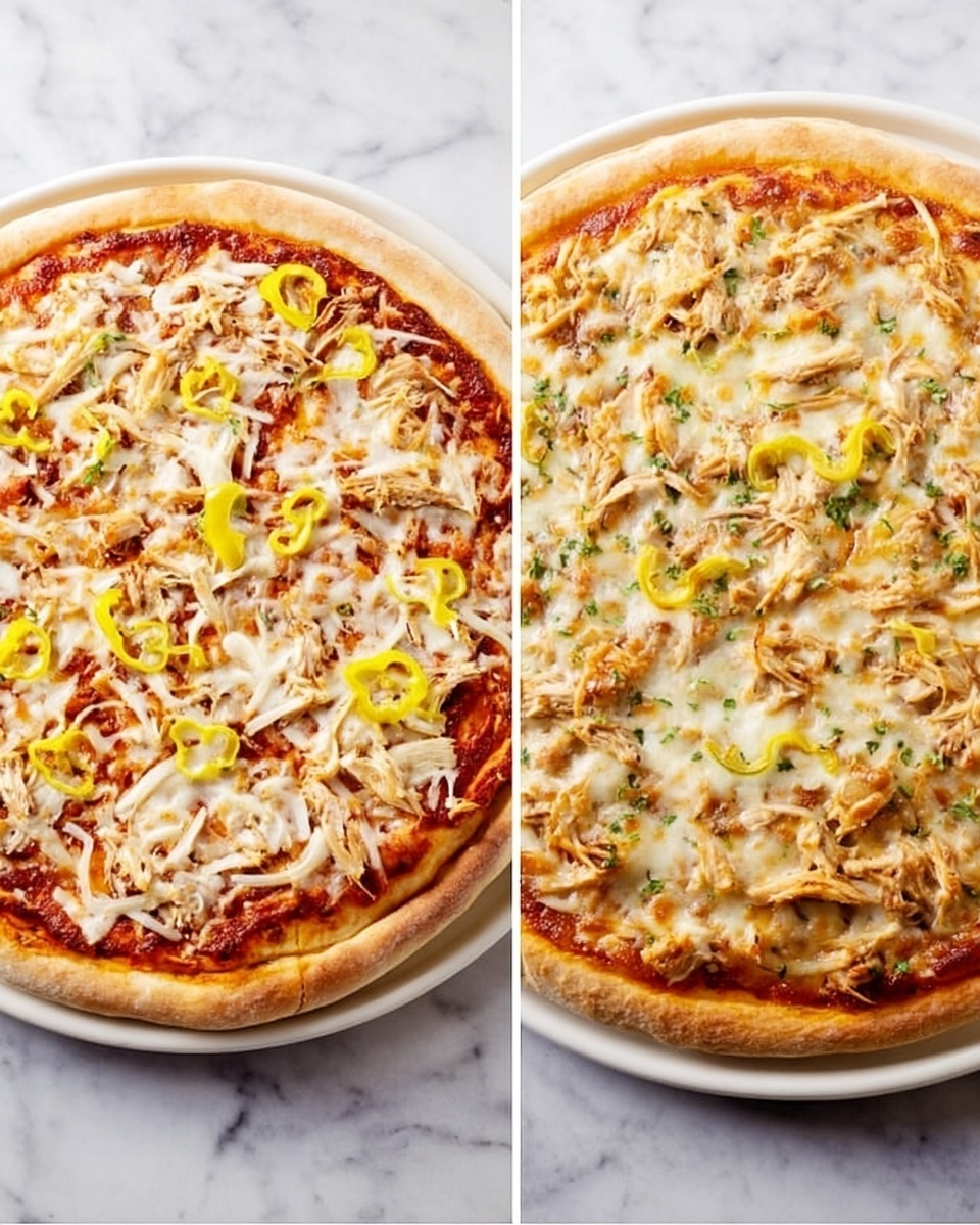 The image shows two round pizzas on white plates, placed side by side on a white marbled surface. The pizza on the left is uncooked, featuring a smooth, light brown crust. It has a red tomato sauce base, covered with shredded white cheese, small yellow banana pepper rings, bits of shredded poultry, and scattered white onion slices. The pizza on the right is cooked, with a golden-brown crust that is slightly puffed. The melted cheese turns light golden with some darker patches, spreading evenly over a sauce base. The toppings of shredded poultry, yellow banana pepper rings, and bits of green herbs are mixed evenly on the surface. The cheeses and toppings blend together creating a warm and inviting look. photo taken with an iphone --ar 4:5 --v 7