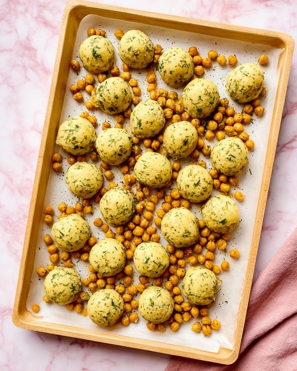 The image shows a tray with a white base covered with baking paper, filled with two kinds of round items spread out evenly. One kind is larger, pale yellow balls speckled with green herbs, and the other is smaller, golden-brown roasted chickpeas scattered in between the balls. The tray is rectangular with a light wooden frame, placed on a white marbled surface with a soft pink fabric partially visible on the bottom right. The overall look is warm and inviting, with bright lighting highlighting the texture of both the balls and the chickpeas. photo taken with an iphone --ar 4:5 --v 7