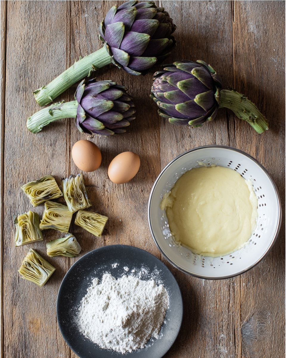 The image shows two parts: the top half has two purple artichokes with green stems and two brown eggs placed on a rough wood surface, along with several pieces of cut artichoke hearts scattered nearby. The bottom half shows three white kitchen items on the same wood surface: a white colander filled with cooked artichoke hearts on the left, a black plate in the front center holding a pile of white flour, and a bowl on the right filled with a pale yellow batter, smooth and creamy in texture. photo taken with an iphone --ar 4:5 --v 7