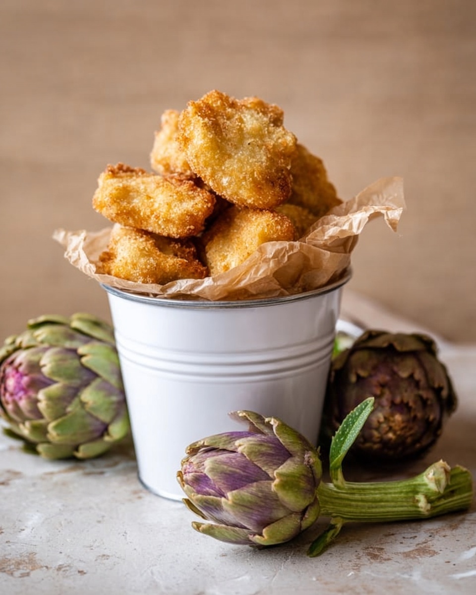 A small white metal bucket filled with several golden brown fried nuggets stacked unevenly on top of crumpled light brown paper inside the bucket sits centered on a white marbled surface. Around the bucket lie three whole purple and green artichokes, with one showing a long green stem extending to the right side. The background is soft beige, softly blurred to keep focus on the bucket and artichokes. photo taken with an iphone --ar 4:5 --v 7