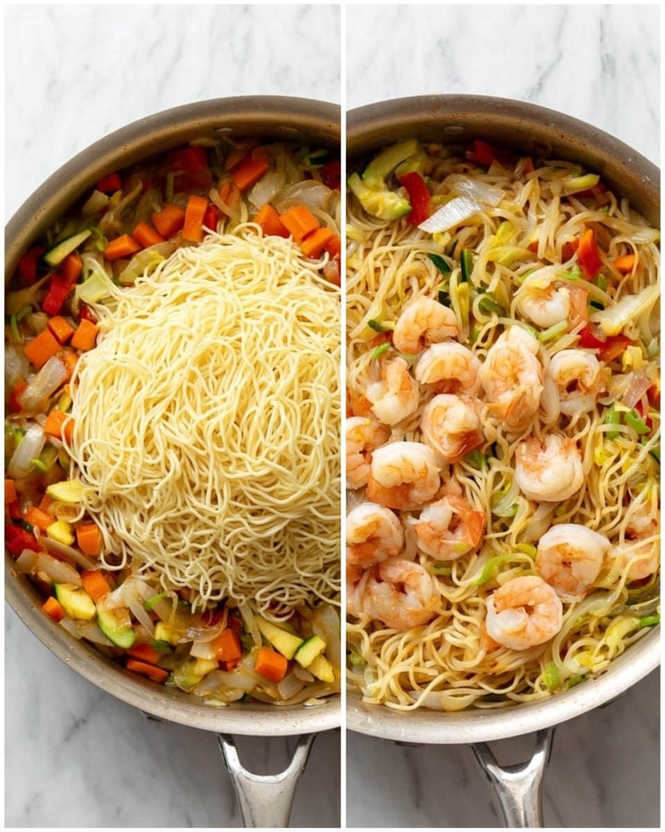 The image shows two side-by-side photos of a round metal pan on a white marbled surface. In the left photo, the pan contains colorful cooked vegetables like orange carrots, green zucchini, and white onions, with a large pile of pale yellow noodles placed on top in the center. In the right photo, the noodles are mixed with the vegetables and topped with small pink cooked shrimp scattered evenly over the surface. The noodles look soft and slightly shiny, and the vegetables beneath add bright colors with their varied shapes and textures. photo taken with an iphone --ar 4:5 --v 7