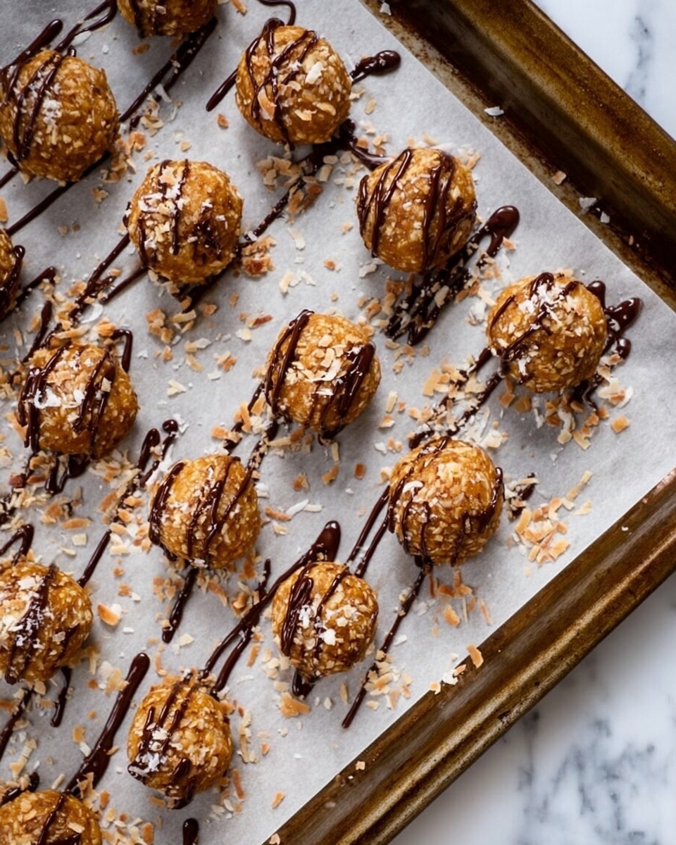 A white bowl filled with round snack balls that have a light brown color and small dark specks inside. Each ball is partly dipped in dark brown chocolate at the bottom and drizzled with thin lines of the same chocolate on top. White flakes, likely coconut, are sprinkled over the balls. The bowl sits on a white marbled surface with some small dark and light crumbs scattered around. photo taken with an iphone --ar 4:5 --v 7