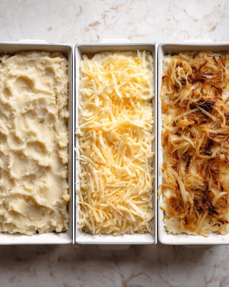 The image shows three stages of a baked dish in a white rectangular dish on a white marbled surface. On the left, the dish is covered with an even layer of light beige mashed potatoes, with a slightly rough texture. In the middle, a layer of shredded pale yellow cheese is spread on top of the mashed potatoes, with strands scattered evenly. On the right, the final layer consists of golden brown caramelized onions, unevenly spread over the cheese, showing some darker crispy edges and soft textures. Photo taken with an iphone --ar 4:5 --v 7