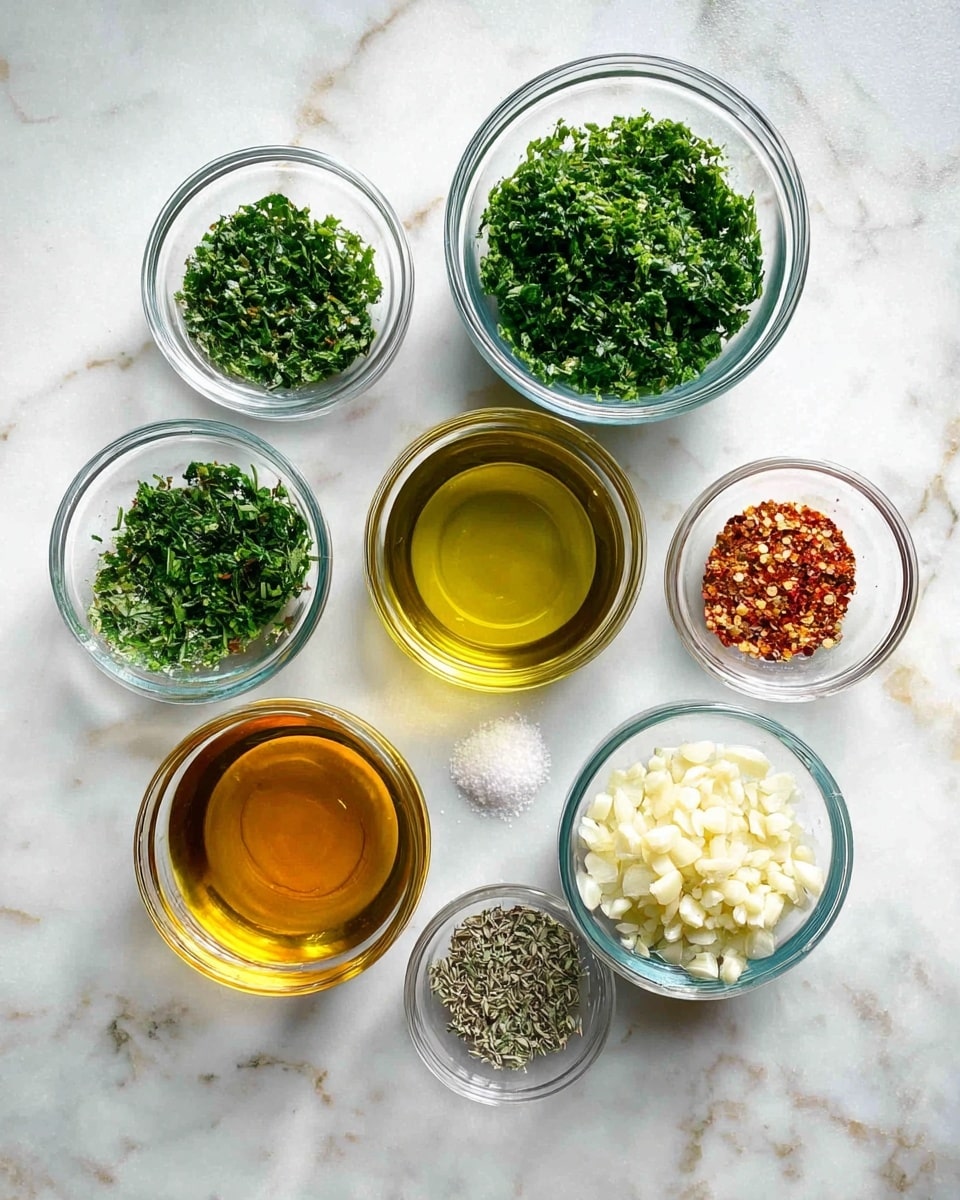 The image shows nine clear glass bowls arranged on a white marbled surface. The largest bowls contain finely chopped green herbs, one with a darker green and the other with a slightly lighter green color, placed at the top left and bottom right. Two medium bowls hold golden-yellow olive oil, one at the bottom left and another with a reddish tint in the center. Around them are five small bowls: one with white minced garlic at the top right; one with crushed red pepper flakes at the top middle-left; one with coarse salt and one with black pepper placed in the middle right and middle left respectively; and one with dried oregano near the center bottom. The bowls are neatly arranged, showing a variety of textures from smooth liquids to finely chopped herbs and granulated spices. The lighting is natural and soft, emphasizing the fresh and vibrant colors. photo taken with an iphone --ar 4:5 --v 7