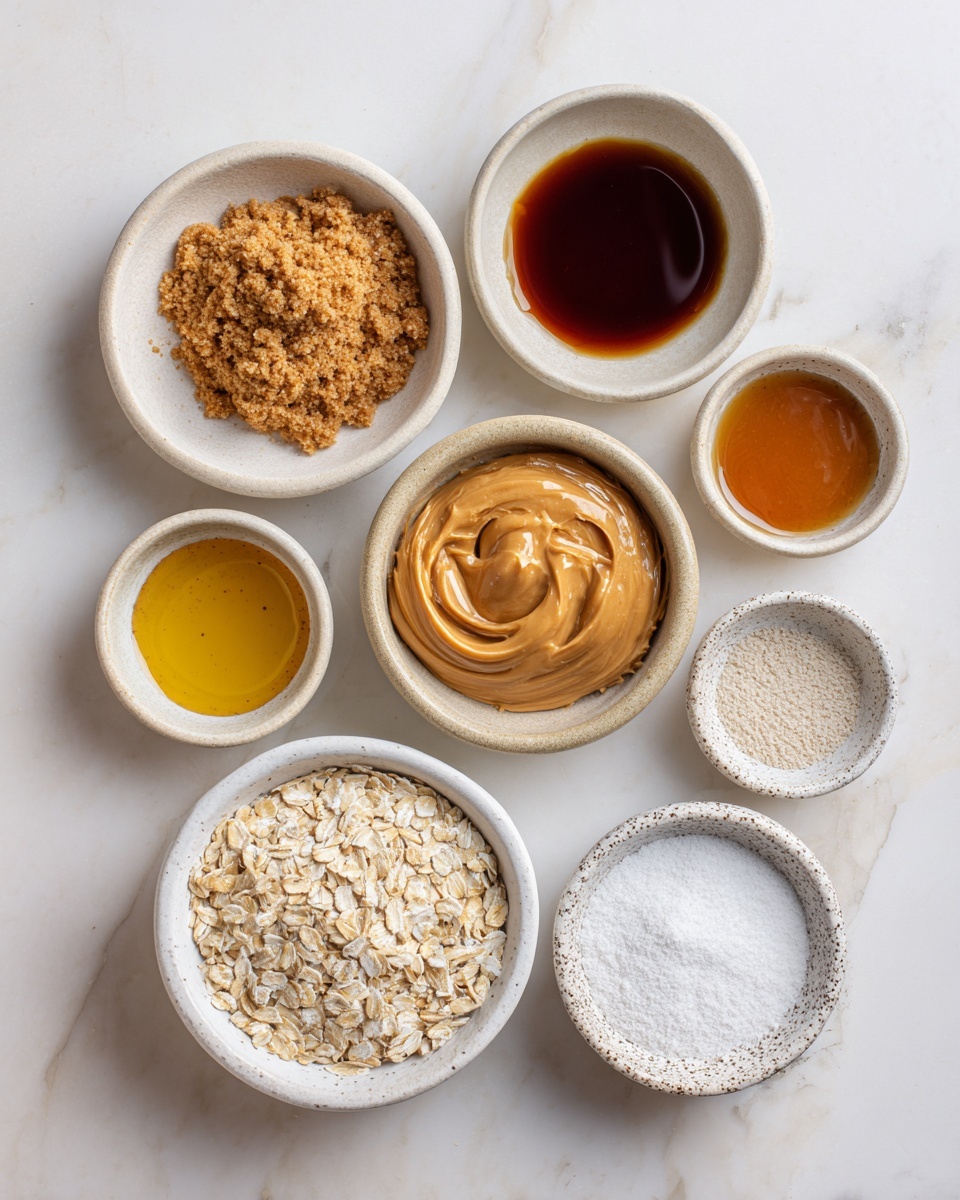 Seven small white bowls are arranged on a white marbled surface. The top left bowl holds light brown, crumbly brown sugar. To its right, a bowl contains dark amber vanilla extract, while below it to the right is a bowl with honey-colored maple syrup. At center, a bowl filled with creamy, light brown peanut butter swirled on top stands out. Below and to the left is a bowl with golden melted butter. Below the peanut butter bowl is a bowl filled with pale beige old-fashioned rolled oats. At the bottom left, a bowl contains white all-purpose flour, and next to it on the right, a speckled white bowl has a small amount of baking soda and sea salt in powder form. photo taken with an iphone --ar 4:5 --v 7