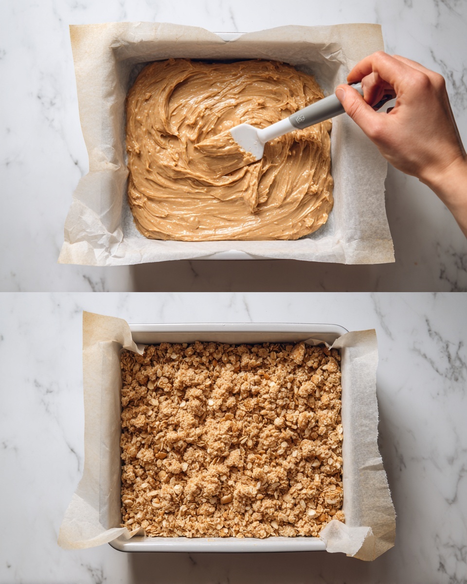 The image shows two stages of preparing a layered dessert in a square white baking pan lined with parchment paper, placed on a white marbled surface. In the top part, a woman's hand is holding a spatula spreading a thick, light brown, creamy layer with small nut pieces mixed inside. In the bottom part, the same pan now has a second uneven layer of golden crumbly oat clusters sprinkled on top of the first smooth layer, giving it a rough texture. The spatula is no longer in view. photo taken with an iphone --ar 4:5 --v 7