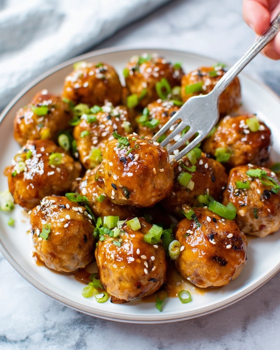 A white plate holds around twelve golden-brown meatballs, each covered in a shiny orange-brown sauce. The meatballs are sprinkled with small white sesame seeds and chopped green onion pieces on top. A woman’s hand is holding a fork, with the fork’s prongs stuck into one meatball near the center of the plate. The plate sits on a white marbled surface. photo taken with an iphone --ar 4:5 --v 7