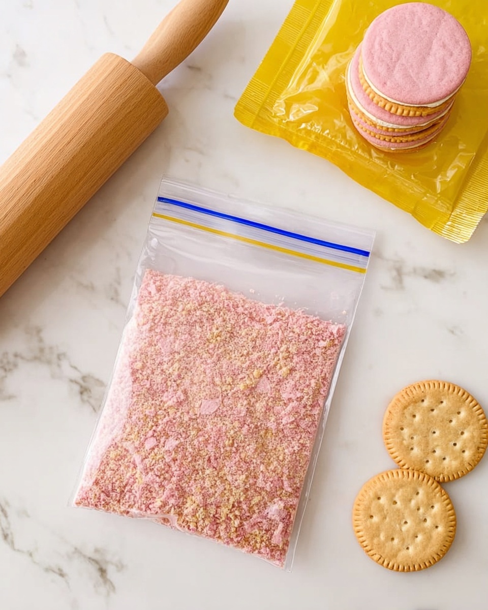 The image shows a clear plastic ziplock bag in the center filled with crushed pink wafer pieces and some small beige cookie crumbs mixed in. Above the bag to the right is an open yellow package of sandwich cookies with cream filling. Next to it are whole round sandwich cookies stacked neatly. On the left side of the image, there is a wooden rolling pin laying flat on a white marbled surface. Above the ziplock bag, there are three whole pink wafer biscuits stacked together. The overall background is a smooth white marble table. photo taken with an iphone --ar 4:5 --v 7