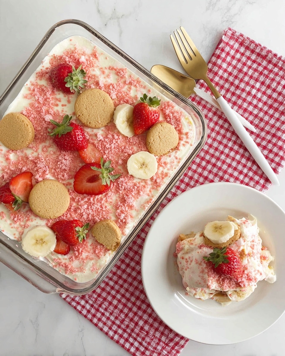 The dish is a square glass dish filled with smooth white cream as the base layer. On top, there is a pink crumbly layer evenly spread across the cream. Over the pink crumbs, several round light brown cookies are placed evenly spaced. Between the cookies, there are sliced strawberries with green tops attached and banana slices spread out to add color contrast. The dish sits on a white marbled surface with a red and white checkered napkin on the left side, under a gold spoon. At the top right corner, there is a small clear glass bowl filled with the same pink crumbs. photo taken with an iphone --ar 4:5 --v 7