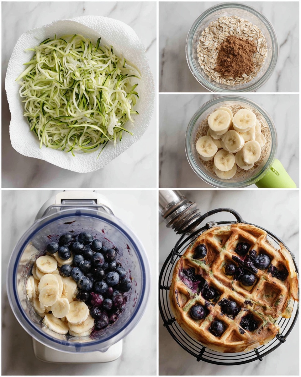 A series of images showing the process of making blueberry zucchini waffles. The first layer is shredded green zucchini placed on a white paper towel on a white marbled surface. The second layer shows the zucchini wrapped in white paper towels on the same white marbled surface. The third layer is a clear blender jar filled with dry ingredients: light beige flour, oatmeal flakes, and brown cinnamon powder. The fourth layer is the blended dry mixture, appearing as a fine light beige powder inside the blender jar. The fifth layer adds sliced banana and three egg yolks on top of the dry mixture in the blender. The sixth layer shows the batter with fresh dark purple blueberries and shredded green zucchini on top, with a green spatula resting inside the blender. The seventh layer is the thick mixed batter with visible chunks of blueberries inside the blender. The final layer shows two round golden brown waffles on a black wire rack, topped with scattered fresh blueberries, one waffle is cut into quarters with a piece slightly pulled out. Photo taken with an iphone --ar 4:5 --v 7