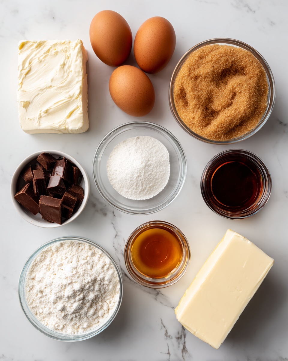 The image shows ingredients neatly arranged on a white marbled surface with each item labeled in black cursive font. There are three brown eggs grouped together near the top. To the right, there is a clear glass bowl filled with light brown sugar crystals. On the left, a block of cream cheese partially unwrapped sits near the eggs. Below the sugar, a small white bowl contains a fine white powder labeled banana pudding mix. To the bottom left, another clear glass bowl holds white flour. Next to it slightly on the right, a small glass bowl contains dark brown chocolate pieces. Above the chocolate is a small white bowl with a dark amber liquid, labeled vanilla extract. On the far right side, a small block of butter is partly unwrapped. All items are spaced evenly and clearly visible, placed on a clean white marbled surface. photo taken with an iphone --ar 4:5 --v 7