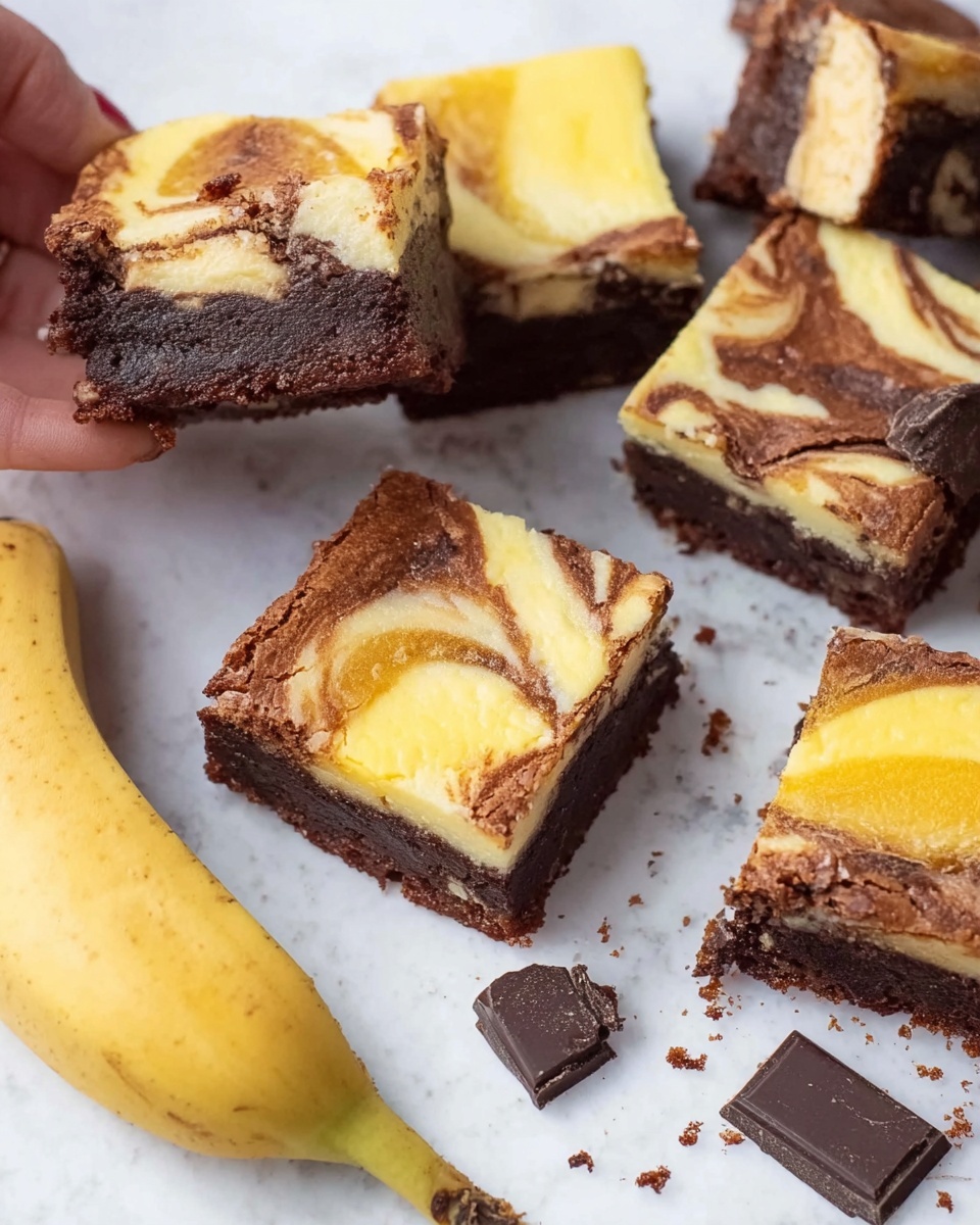 The image shows several square brownies with a creamy yellow swirl on top, creating a marbled effect. Each brownie has two visible layers: a thick, dark brown chocolate layer that looks soft and moist, and a smooth, bright yellow cream cheese layer spread unevenly on top. One brownie is held by a woman's hand, showing its thickness and soft texture inside. There is a half banana with its peel on, placed near the brownies on a white marbled surface, along with a small piece of dark chocolate. The overall scene looks fresh and inviting, with crumbs scattered around the brownies. Photo taken with an iphone --ar 4:5 --v 7