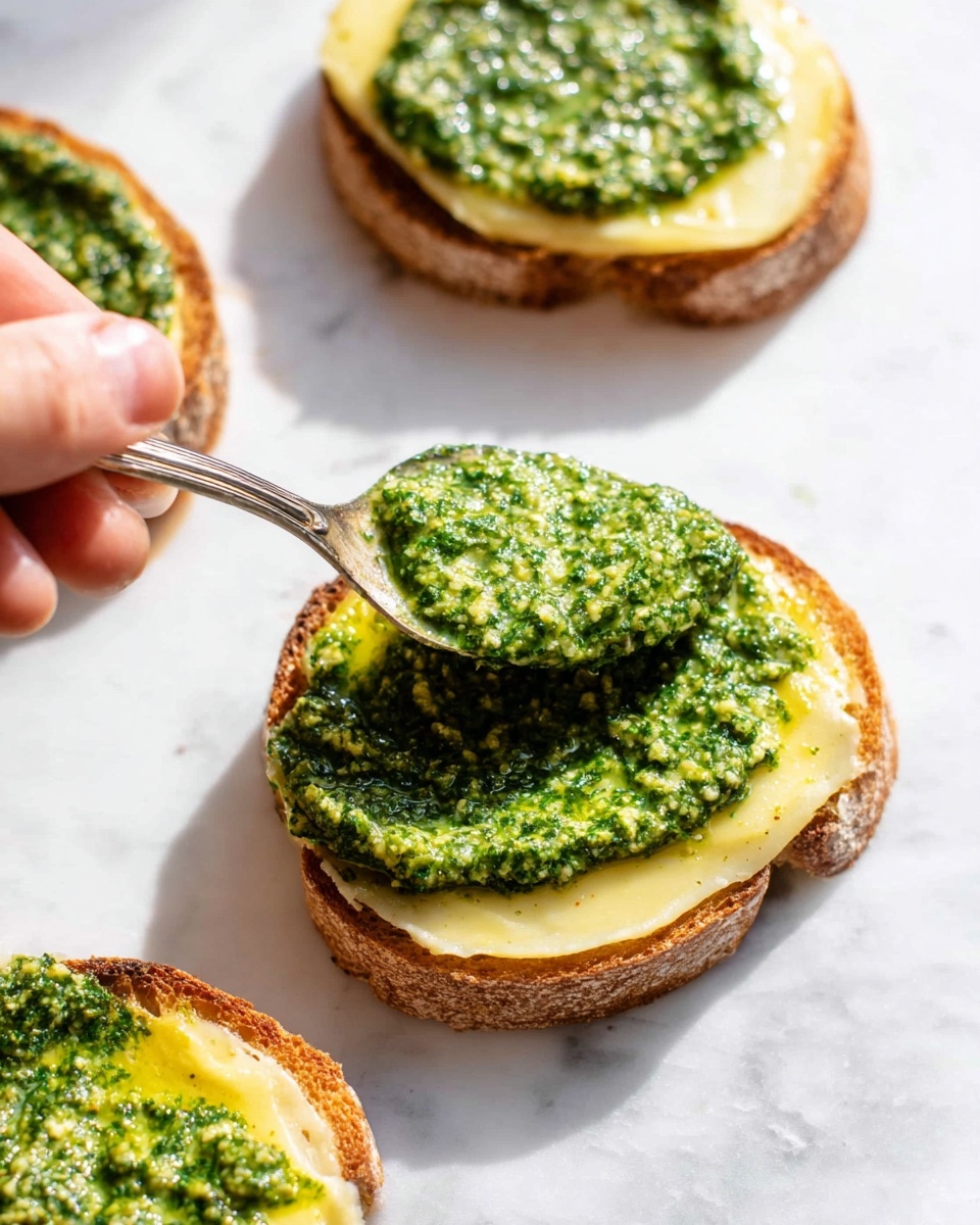 The image shows a close-up of three open-faced sandwiches on a white marbled surface. Each sandwich has two layers: a bottom layer of light yellow spread with a smooth texture on top of a round, toasted bread slice with a brown crust and a soft-looking inside. The second layer is a thick, chunky green pesto sauce spread unevenly over the yellow layer. A woman's hand is holding a spoon full of the green pesto, about to place it on the closest sandwich. The lighting is bright and natural, highlighting the vibrant green color of the pesto and the textures of the bread and spreads. Photo taken with an iphone --ar 4:5 --v 7