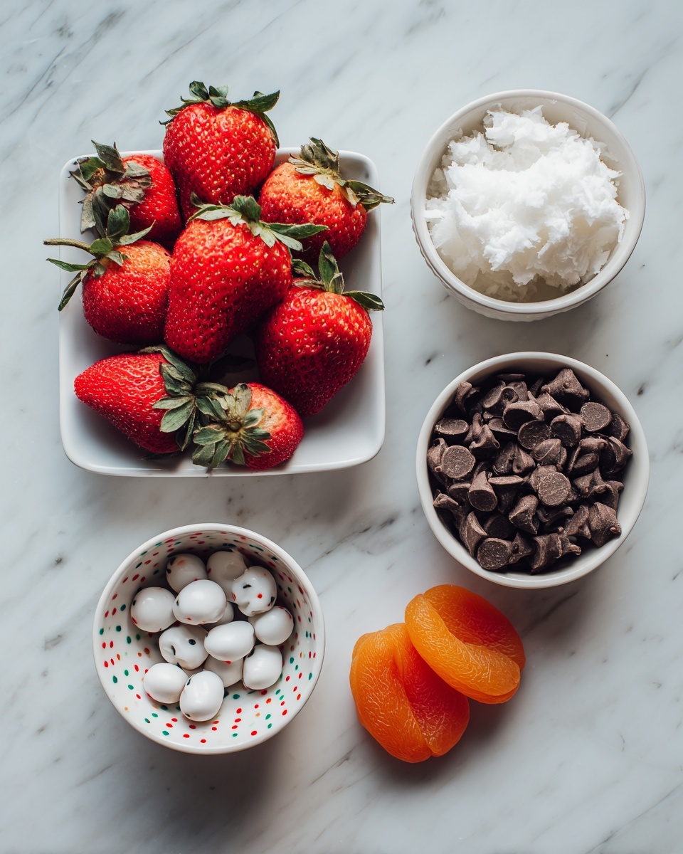 The image shows five small containers with different ingredients placed on a white marbled surface. At the top left, there is a small white square tray filled with bright red fresh strawberries with green leaves. To the right of that, a tiny round bowl holds a scoop of white coconut oil. Below the coconut oil, a white cup with red and green dots is filled with dark chocolate chips. Near the bottom left, a small white bowl contains many small candy eyeballs with white and black colors. Finally, at the bottom right, there is a single dried apricot with a bright orange color sitting directly on the surface. Photo taken with an iphone --ar 4:5 --v 7