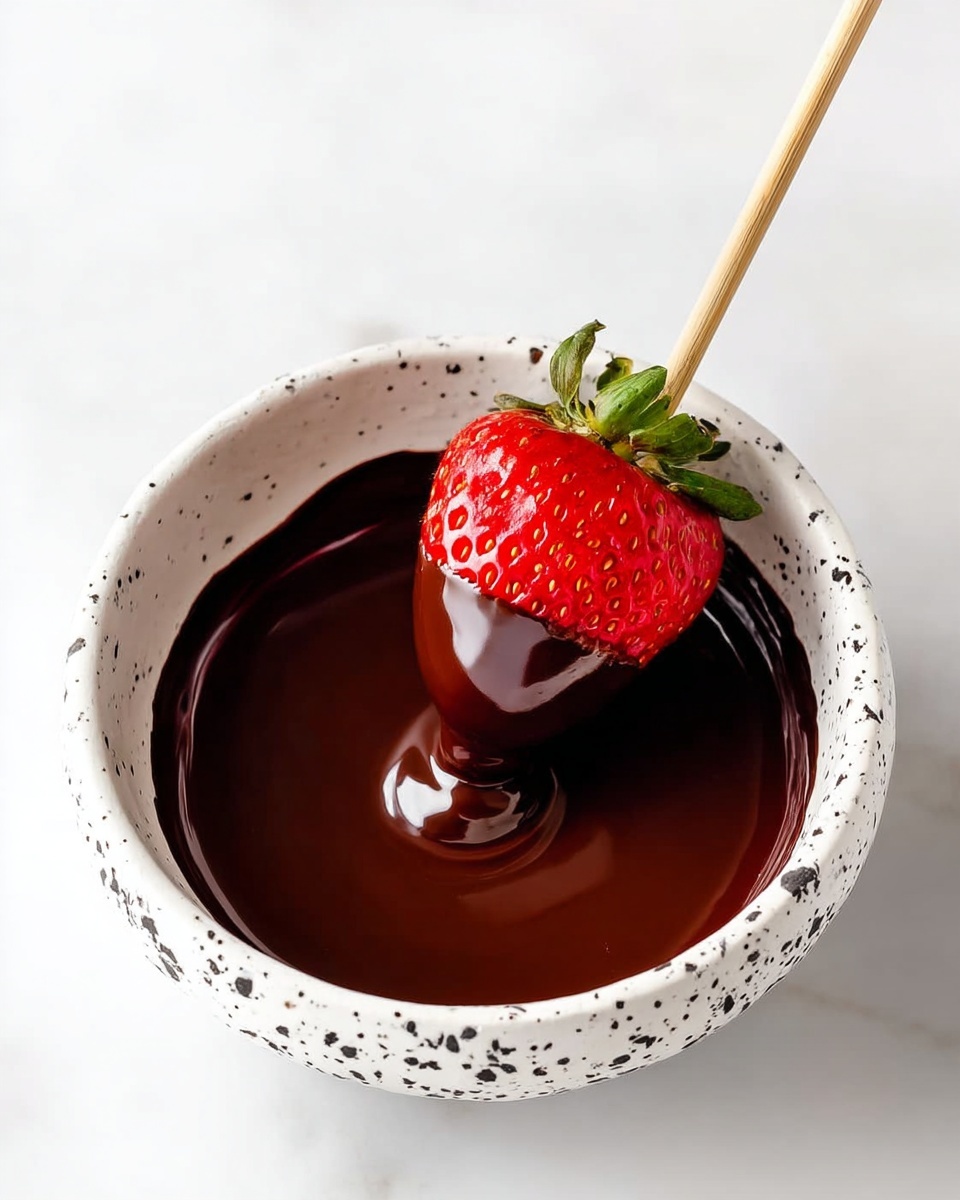 A white bowl with black speckles is filled with smooth, dark brown melted chocolate that has a shiny texture. A bright red strawberry with green leaves is being dipped into the chocolate, held by a light wooden stick. The strawberry is about half covered in chocolate as it touches the glossy liquid in the center of the bowl. The bowl sits on a white marbled surface. photo taken with an iphone --ar 4:5 --v 7