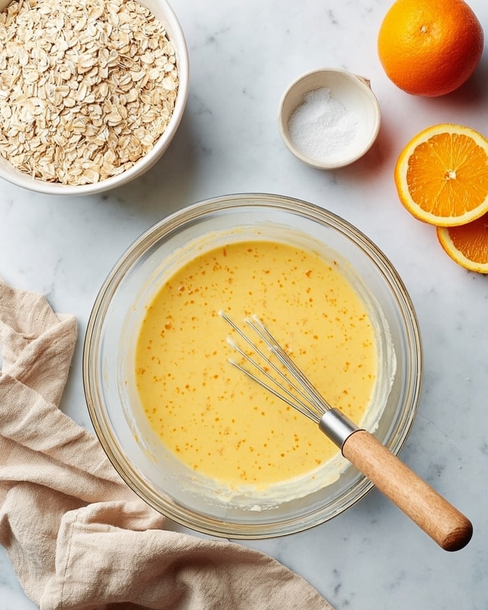 A clear glass mixing bowl sits on a white marbled surface, filled with a yellow-orange liquid batter that has small orange specks throughout. A whisk with a wooden handle is partially submerged in the batter. To the top left of the bowl, there is a white bowl filled with rolled oats, showing their light beige color and rough texture. Near the top right, a small white ceramic bowl contains a pinch of white salt or sugar. Two oranges, one whole and one sliced in half, are placed on the white marbled surface to the right of the glass bowl. A beige cloth is casually folded and placed at the bottom left corner of the image. photo taken with an iphone --ar 4:5 --v 7