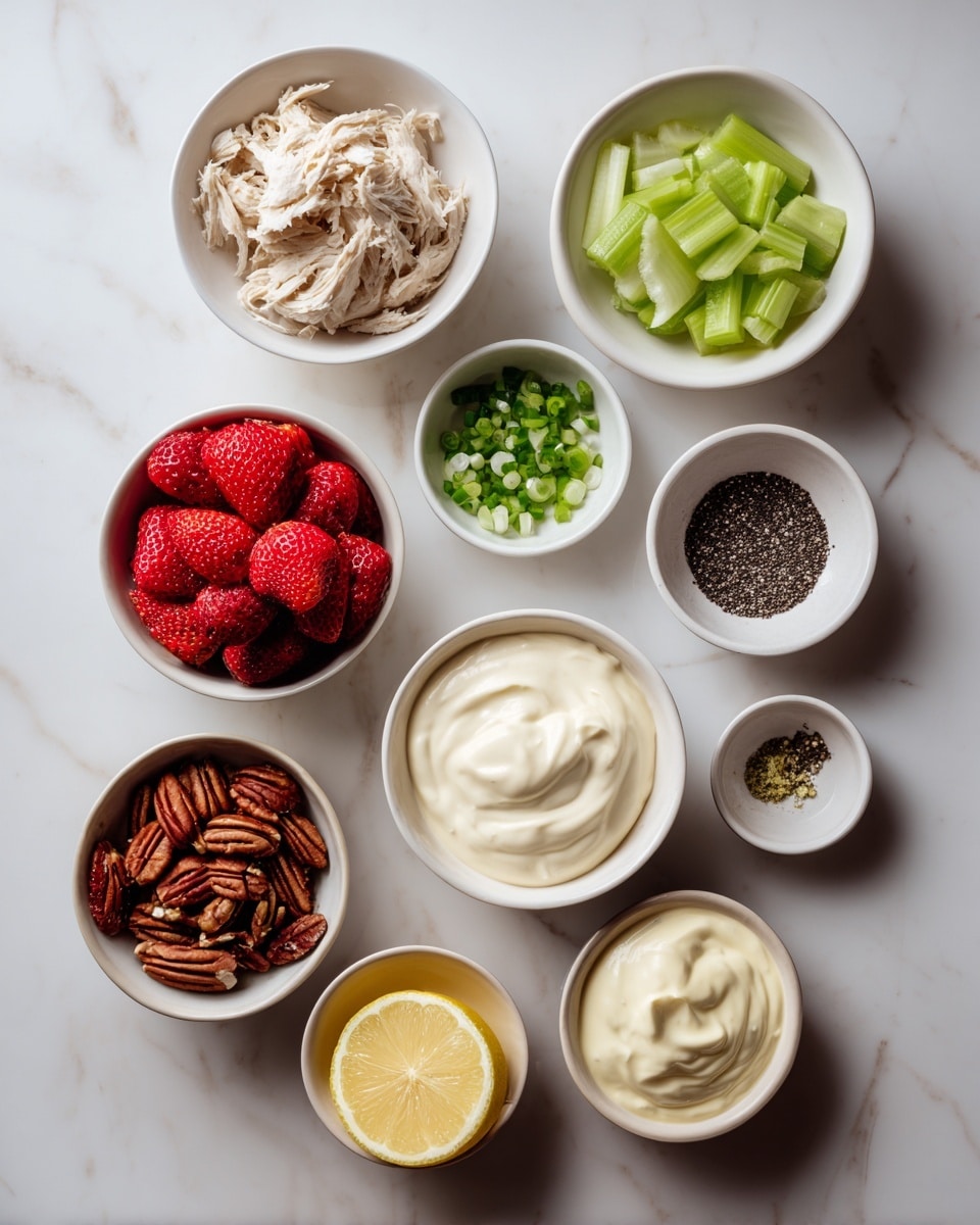 The image shows ten small white bowls arranged on a white marbled surface. The largest bowl in the top left holds light beige shredded chicken. To the right, a small bowl contains small black poppy seeds, and next to it on the right is a bowl with chopped green celery. Below the celery is a bowl with a creamy white mayonnaise. Near the center is a small bowl with chopped green onions, while to the right is a tiny bowl with black pepper. Below pepper is a white bowl with chopped brown pecans. On the bottom left is a bowl full of bright red strawberries, and to the right of it is a bowl with thick white Greek yogurt. Near the center bottom is a small bowl with yellow Dijon mustard, with half a cut lemon beside it. The whole arrangement is neat and each bowl’s content shows different colors and textures. Photo taken with an iphone --ar 4:5 --v 7