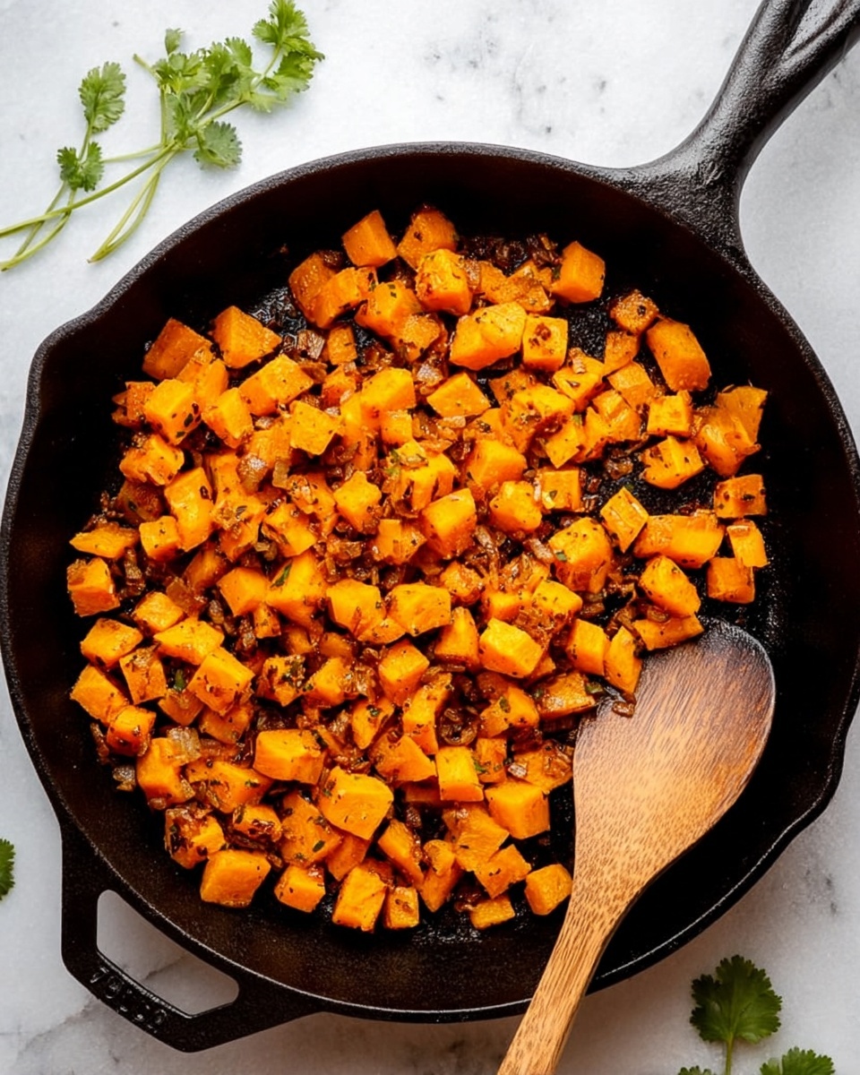A black cast iron pan filled with bright orange diced butternut squash cooked with small bits of browned onions and spices, spread evenly across the pan. A wooden spoon with a smooth texture rests on the right side of the pan, slightly covered by the squash. The pan is placed on a white marbled surface with small green sprigs of cilantro near the top right and bottom left corners. Photo taken with an iphone --ar 4:5 --v 7