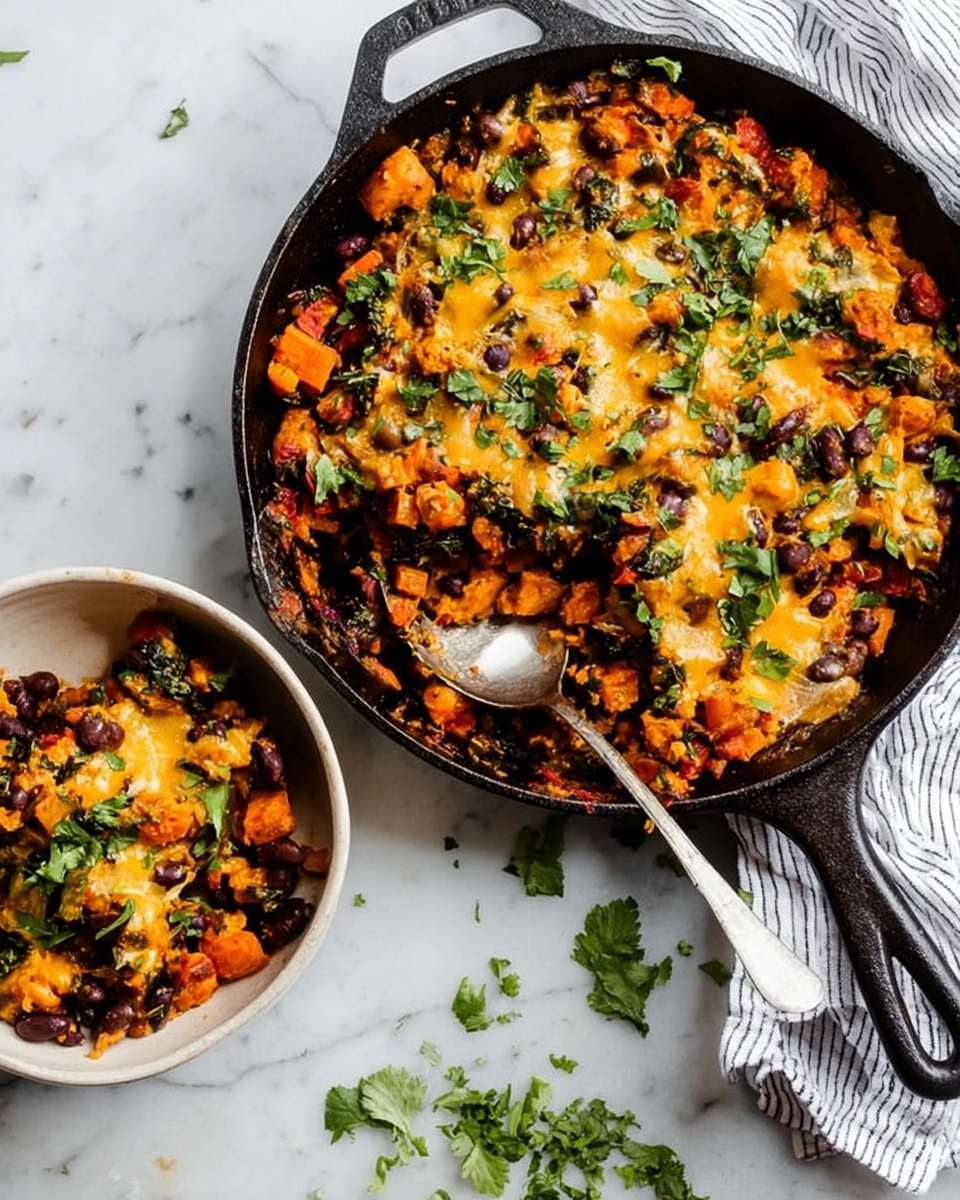 The image shows a black cast iron skillet filled with a layered dish. The base layer is made of dark black beans mixed with orange chunks of cooked vegetables. On top, there are gooey melted yellow cheese patches that blend into the orange vegetable pieces. Sprinkled all over are fresh green chopped herbs. A silver spoon rests inside the skillet, scooping some from the edge. Beside the skillet, there is a white bowl with a serving of the same dish, vibrant with orange pieces, dark beans, and melted cheese. All sits on a white marbled surface with some green herb sprigs nearby. A striped cloth lies under the skillet handle. photo taken with an iphone --ar 4:5 --v 7