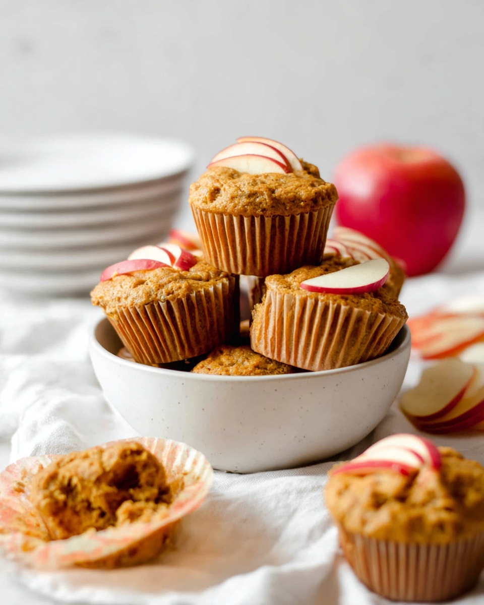 A white bowl filled with golden brown muffins topped with thin slices of red and light yellow apple, some muffins stacked inside the bowl and others placed around it on a white cloth surface with a white marbled texture underneath. The muffins have a slightly rough, crumbly texture, and the apple slices fan gently on top. In the background, there's a softly blurred whole red apple and stacked white plates. Photo taken with an iphone --ar 4:5 --v 7