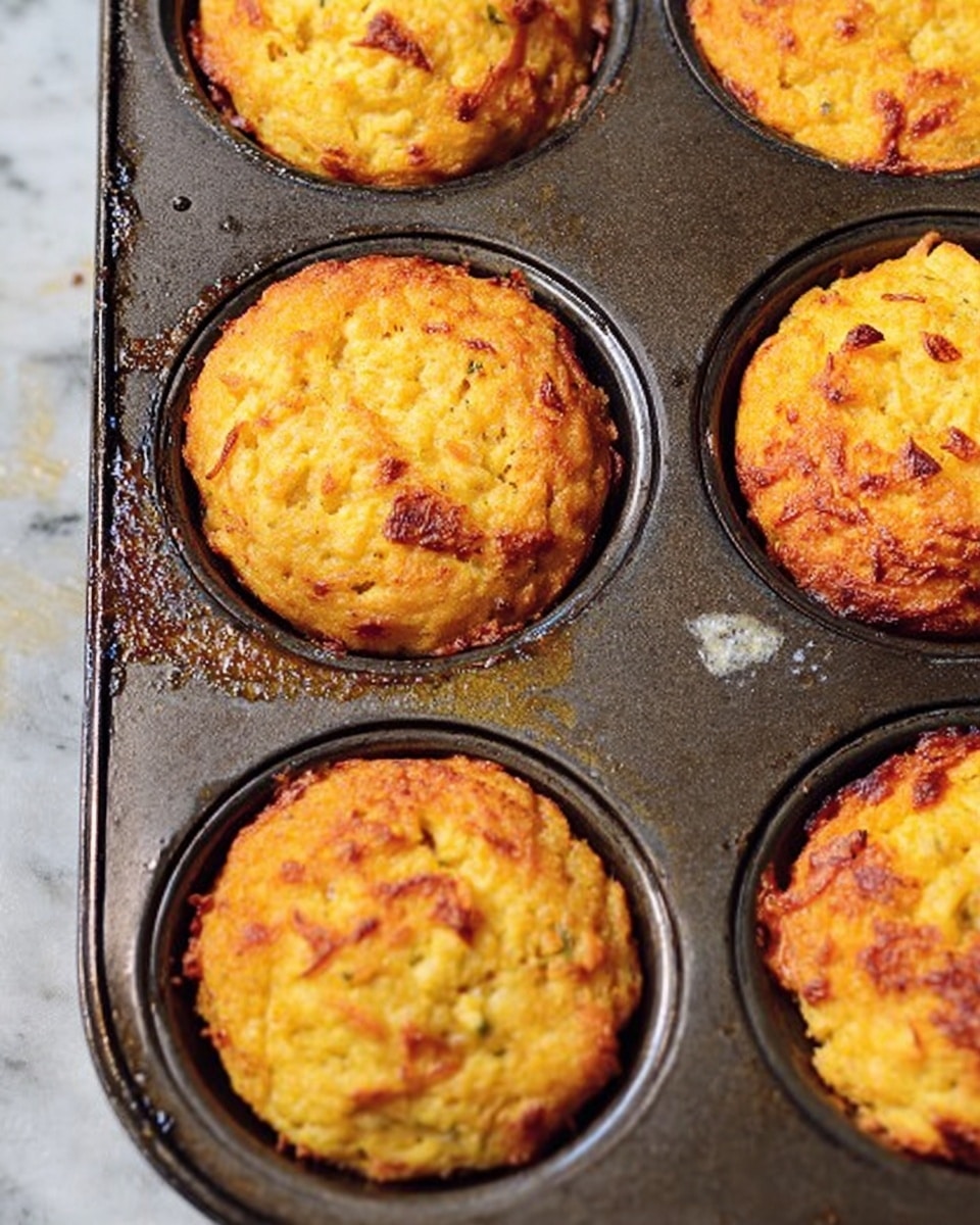 The image shows a close-up of six golden brown baked patties sitting inside a dark metal muffin tray with six circular molds. Each patty fills a mold completely and has a slightly uneven, textured surface with small crispy browned spots on top, showing a mix of light golden yellow and deeper caramelized brown colors. The muffin tray has small bits of food residue and a faint sheen of oil around the edges of the molds, highlighting a rustic baked look. The background is a white marbled surface. photo taken with an iphone --ar 4:5 --v 7