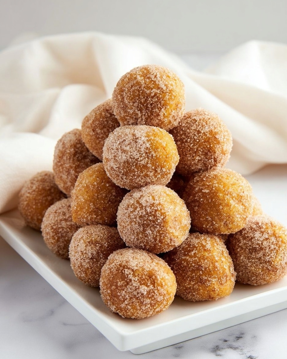 The image shows four round doughnut holes covered in a grainy cinnamon sugar coating, stacked together on a white marbled surface. The doughnut hole on top is bitten into, revealing a soft, moist interior with a light orange-brown color and a slightly crumbly texture. The outer layer is rough and sparkling with sugar crystals mixed with cinnamon powder, giving a warm brown tone. Overall, the doughnut holes appear soft and sugar-coated. Photo taken with an iphone --ar 4:5 --v 7