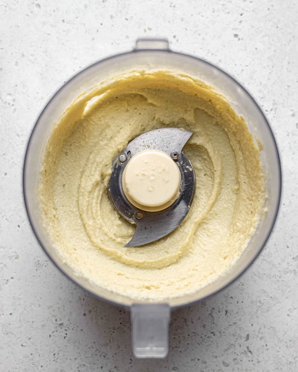 Inside a transparent food processor bowl on a black base, there is one layer of light beige beans filling most of the space, topped with a small pile of chopped fresh green leaves on the right side, and a few ground black pepper specks spread mainly in the middle and left part. The food processor blade is shiny silver and positioned near the left side, partially covered by beans and herbs. The background surface is a white marbled texture. Photo taken with an iphone --ar 4:5 --v 7