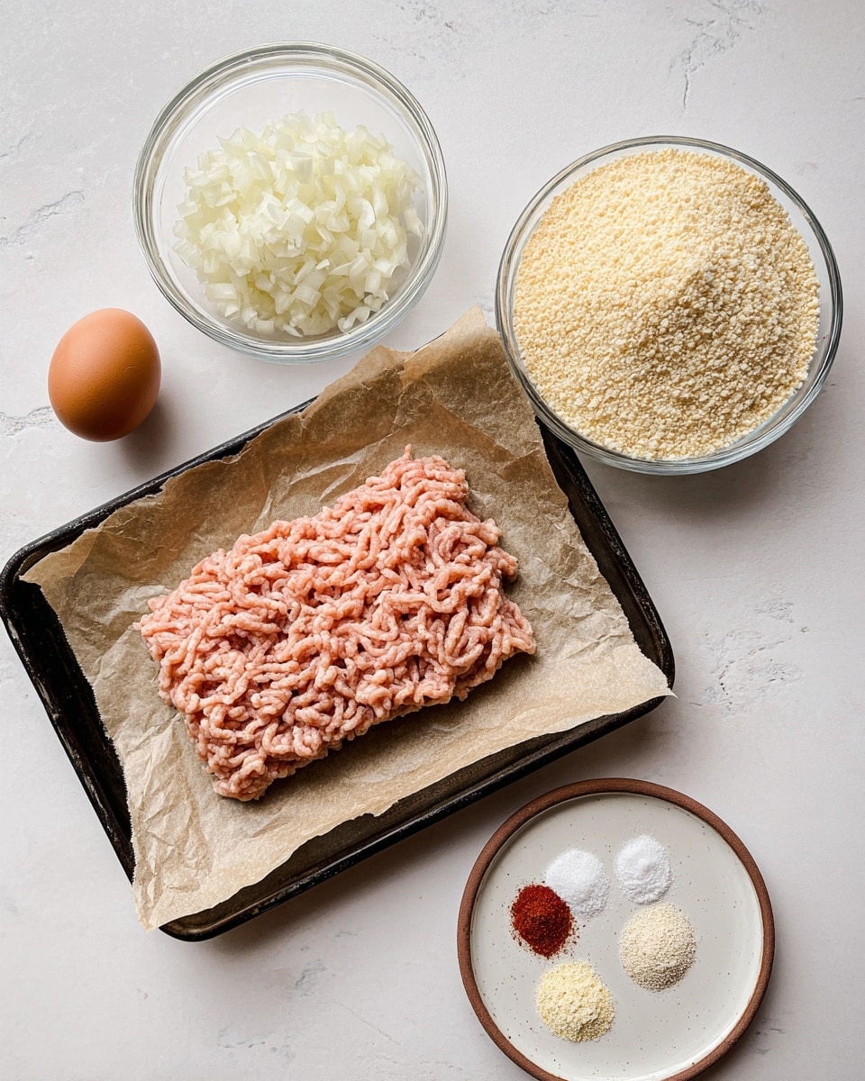 The image shows raw ground chicken placed on brown parchment paper over a black tray, positioned slightly to the right of the center. Above the tray is a clear glass bowl filled with finely chopped onions. To the right of the tray, there is another clear glass bowl filled with light yellow breadcrumbs. Below the tray, near the bottom center of the image, is a small white plate with brown edges holding four small piles of spices: white, beige, red, and light yellow. To the left side, there is a single brown egg on the white marbled surface. The colors are soft and natural, with a clean and organized layout. Photo taken with an iphone --ar 4:5 --v 7