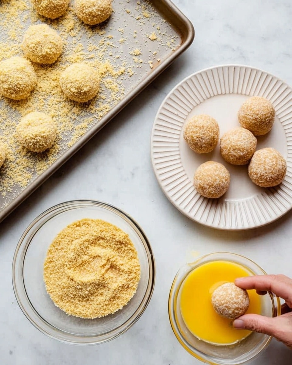 The image shows several beige dough balls shaped into small round forms placed on a white ridged plate at the top right. To the left, there is a metal baking tray with some dough balls already coated in light yellow breadcrumbs. Below the tray and plate, there's a clear glass bowl with fine yellow breadcrumbs and one dough ball halfway coated inside it. Next to this bowl, on the bottom right, is another clear bowl containing a yellow beaten egg mixture. All items are placed on a white marbled surface, and a woman's hand is dipping a dough ball into the breadcrumbs in the glass bowl. Photo taken with an iphone --ar 4:5 --v 7