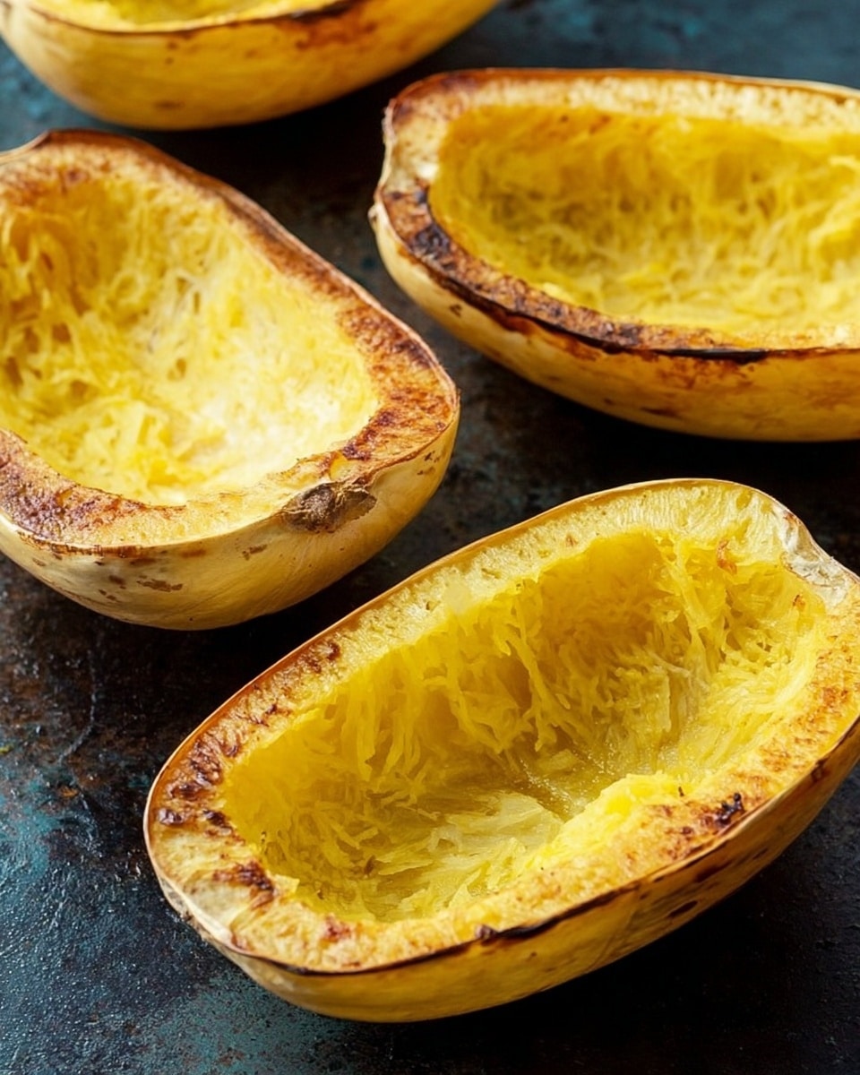 Four halves of roasted spaghetti squash are shown resting on a dark surface. Each half is hollowed out with smooth, yellow flesh that has a slightly glossy texture inside. The edges of the squash are browned and crispy from roasting, giving a contrast of light yellow and golden brown. The shells have a pale outer layer that transitions to light yellow near the roasted edges. The image has a close-up view highlighting the texture and color of each layer of the squash. photo taken with an iphone --ar 4:5 --v 7
