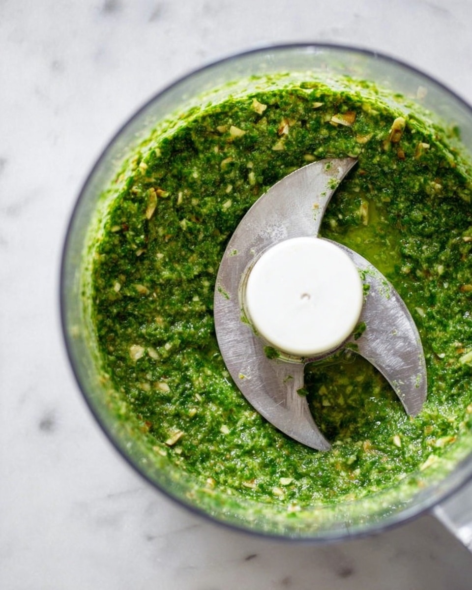 Inside a clear food processor bowl, there is a thick, freshly blended green mixture with small visible bits of herbs and nuts, showing a slightly chunky texture. The white and silver blade of the processor is partly covered by the green mixture, sitting in the center. The bowl sits on a white marbled surface. photo taken with an iphone --ar 4:5 --v 7