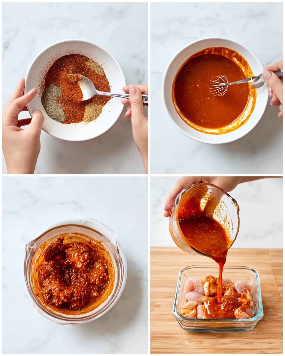 In the first image, a white bowl holds a mix of dry spices and a thick paste with red, brown, and beige colors, stirred by a woman's hand with a spoon over a white marbled surface. The second image shows the same white bowl now filled with a smooth, deep orange-red sauce, with a woman's hand holding it while stirring with a small whisk. In the third image, a woman's hand is pouring the textured orange-red sauce, which contains visible bits, from the white bowl into a glass measuring cup held by another woman's hand. The fourth image shows the orange-red sauce being poured from the measuring cup over pale pink raw chicken pieces inside a clear rectangular glass dish on the same white marbled surface. photo taken with an iphone --ar 4:5 --v 7