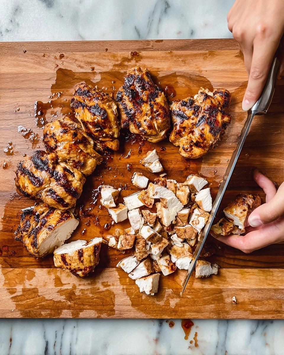 The image shows a wooden cutting board with six pieces of cooked grilled chicken arranged around the edges. The chicken has a golden brown color with charred grill marks. In the center of the board, there is a pile of diced chicken pieces that are light brown and white inside. A woman's hand is holding the chicken steady while a knife in the other woman's hand is slicing more chicken into small cubes. The cutting board has a natural wood grain texture with droplets of juice around the chicken. The background is a white marbled texture. photo taken with an iphone --ar 4:5 --v 7