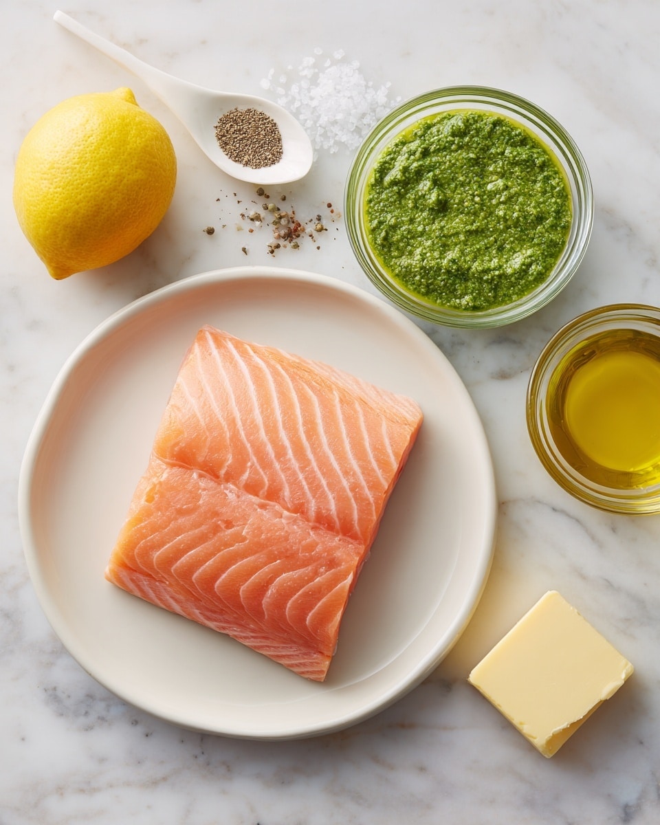 The image shows a white plate with a single piece of raw salmon placed in the center, its surface smooth with light pink and orange tones and natural lines running through it. Above the plate, there is a round glass bowl filled with bright green pesto, which has a slightly coarse texture. To the left of the bowl, a whole yellow lemon is placed next to a small pile of white salt crystals. To the right of the bowl, there is a small pile of ground black pepper beside a white measuring spoon filled with light yellow olive oil. Near the corner of the image, a small square of pale yellow butter rests on the white marbled surface that serves as the background. Photo taken with an iphone --ar 4:5 --v 7