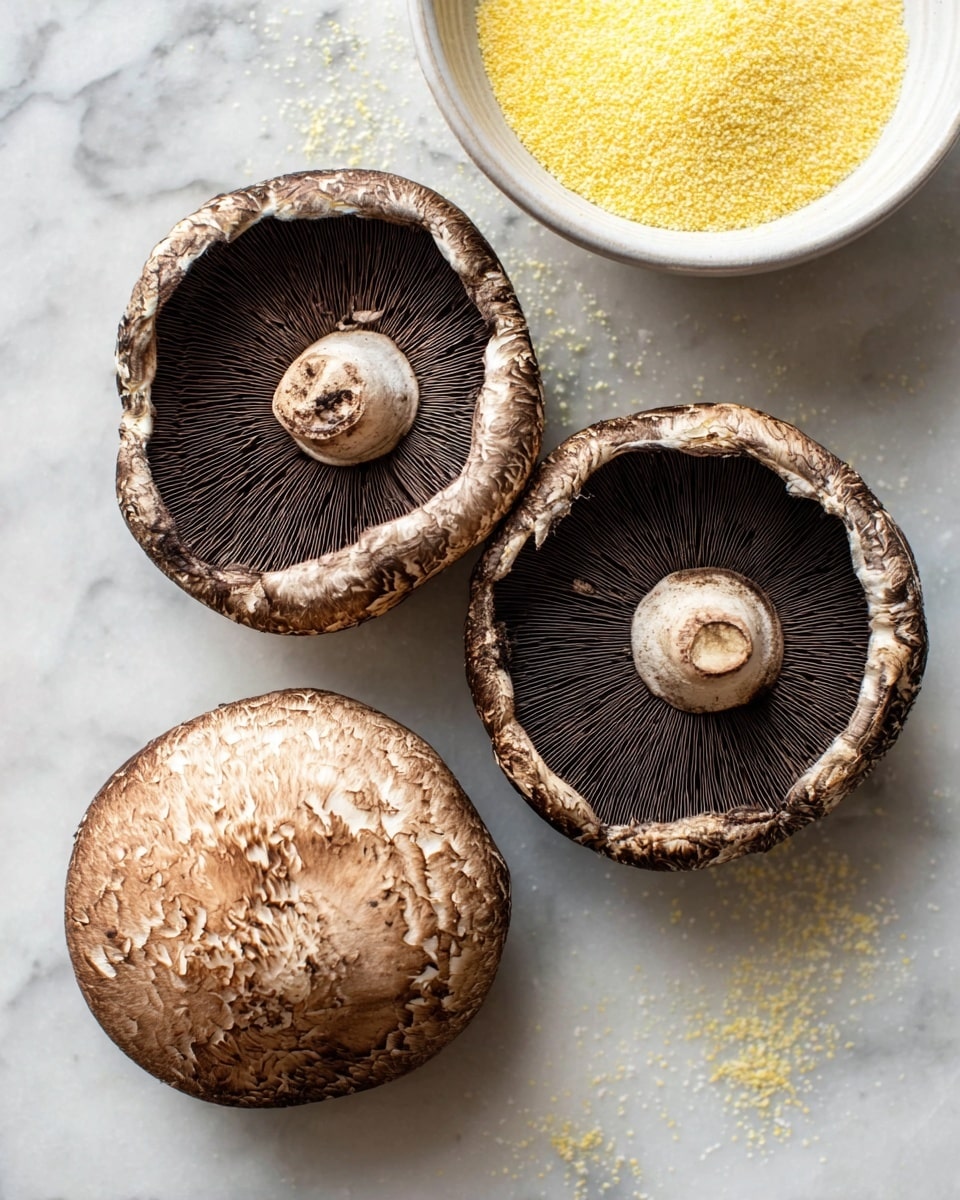 The image shows three large mushrooms on a white marbled surface. Two mushrooms are placed with their dark brown gills facing up, showing a textured circle pattern inside, while the third one sits with a smooth brown cap facing up. In the top right corner, there is a white bowl filled with bright yellow coarse cornmeal. The mushrooms have rough, slightly cracked edges with a natural earthy look. Photo taken with an iphone --ar 4:5 --v 7