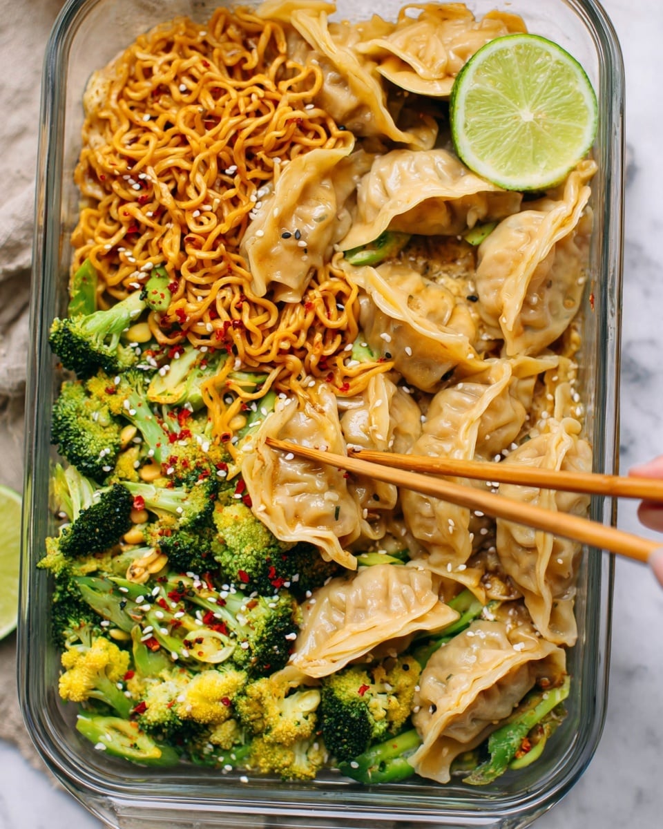 The image shows a rectangular clear glass dish filled with several layers of food. The bottom layer consists of cooked broccoli pieces and green leafy vegetables spread evenly, showing bright green and yellow shades. On top of the vegetables, there is a layer of tightly curled orange-brown noodles taking up most of the center space. Scattered across and partially on top of the noodles are multiple light brown dumplings with slightly crispy edges and some red chili flakes sprinkled on them. At the top right corner, there is a slice of lime with a green peel and pale yellow inside. A pair of wooden chopsticks is held by a woman's hand on the left side, gently lifting one dumpling. A few sesame seeds, white and black, are scattered lightly over the whole dish. The dish is placed on a white marbled surface. photo taken with an iphone --ar 4:5 --v 7