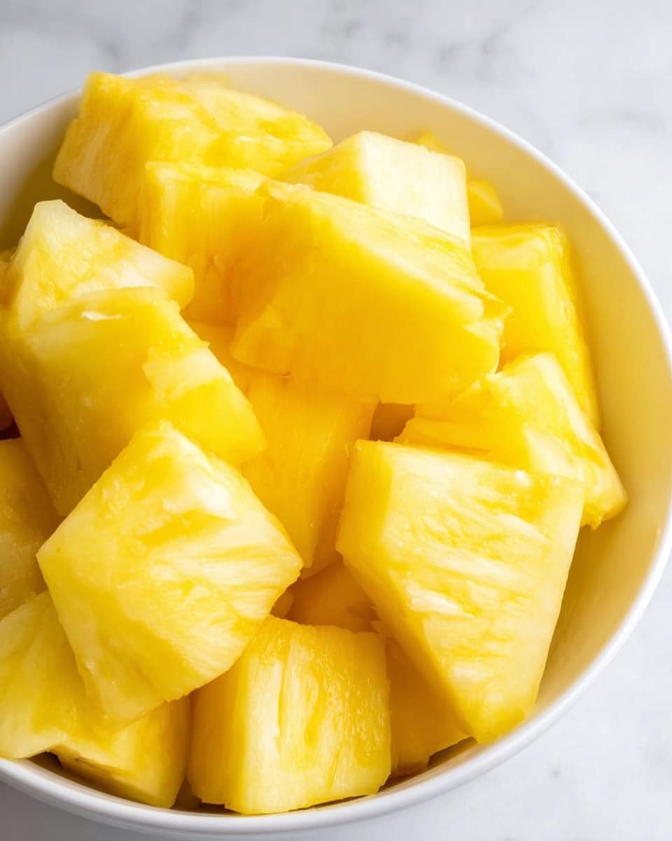 A close-up view of a white bowl filled with multiple chunks of bright yellow pineapple. The pineapple pieces are mostly triangular and cubed shapes, showing a juicy and slightly fibrous texture. The bowl is placed on a white marbled surface, giving a clean and fresh look to the image. The lighting highlights the pineapple’s natural glossy surface, making it look vibrant and appealing. photo taken with an iphone --ar 4:5 --v 7