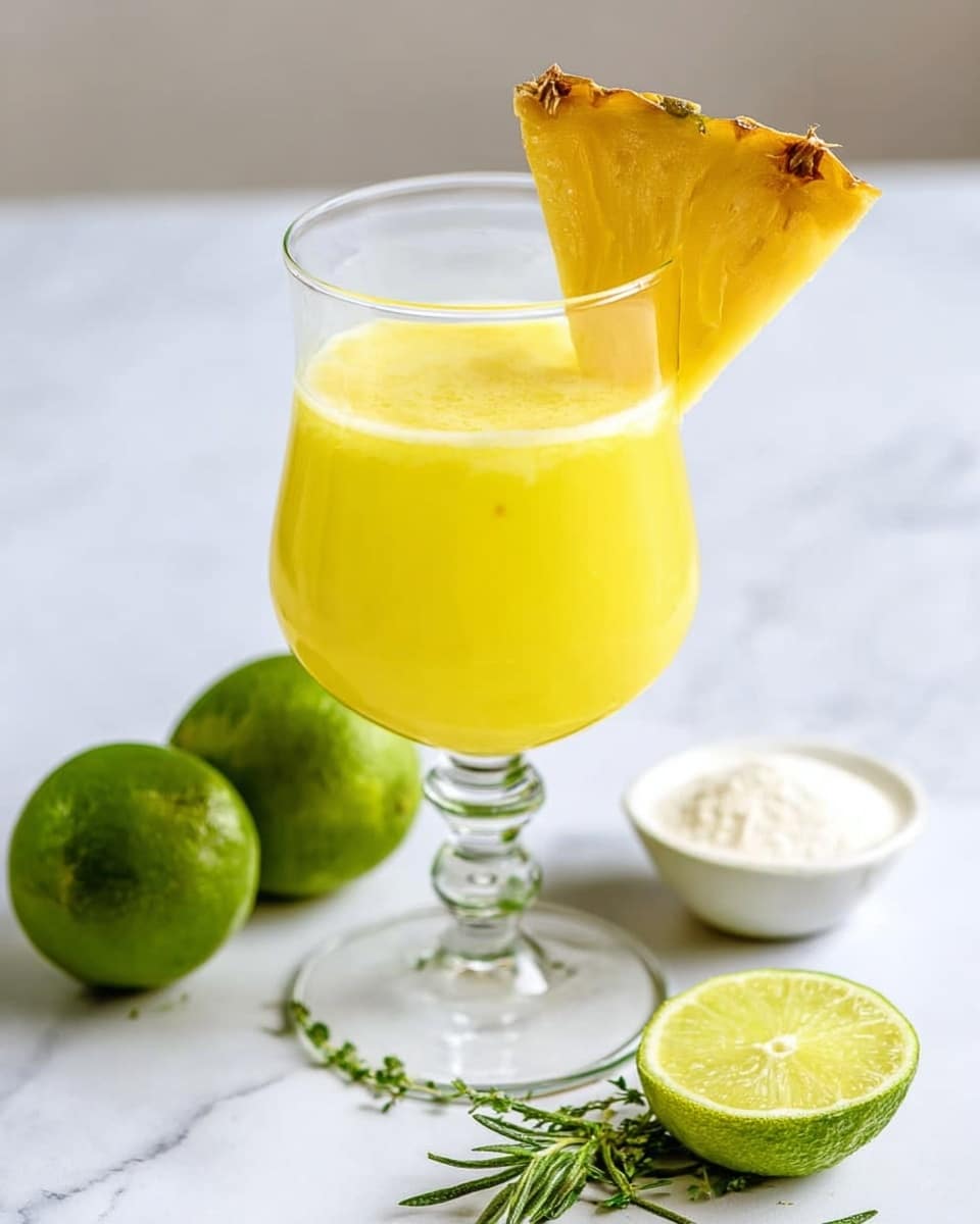 A clear glass with a wide top and narrow stem holds a bright yellow drink with a smooth texture. A triangular yellow pineapple slice with a rough brown edge is placed on the rim of the glass. Around the glass, there are two whole green limes on the left side, a small white bowl with a white powder behind the glass, some green herb sprigs, and a lime half with light green flesh on the right side. All of this is set on a white marbled surface with a plain white background. photo taken with an iphone --ar 4:5 --v 7