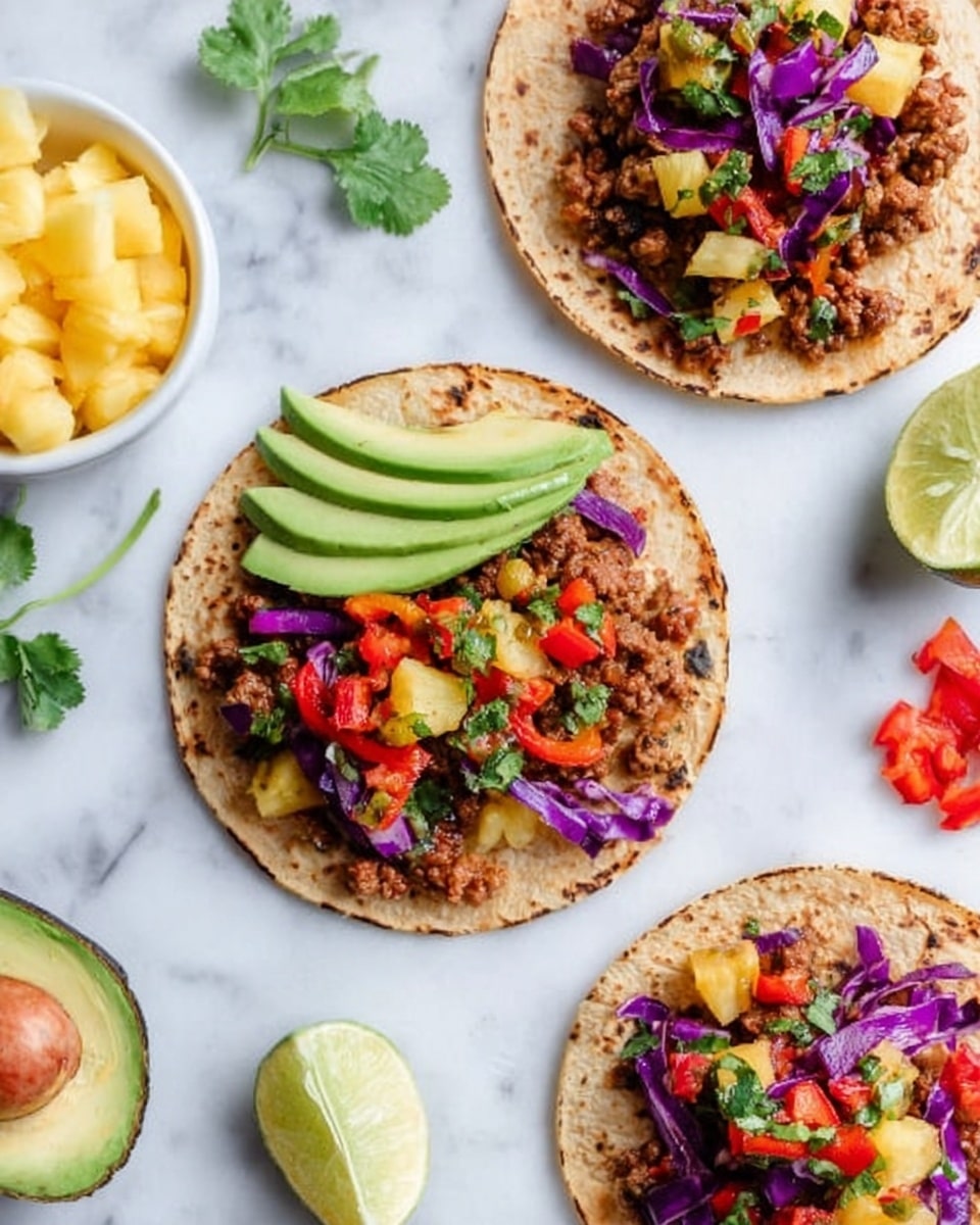 The image shows an open taco on a white corn tortilla placed on a white marbled surface. The taco has three main layers: at the bottom, slices of green avocado fanned out on the left side; in the middle, a layer of cooked ground meat mixed with golden pineapple chunks and small diced orange bell peppers; on top of this, small pieces of purple cabbage and scattered cilantro leaves add color and texture. In the background, there is a small white bowl with more diced orange bell peppers, a halved avocado, and a lime wedge, all softly blurred. Photo taken with an iphone --ar 4:5 --v 7