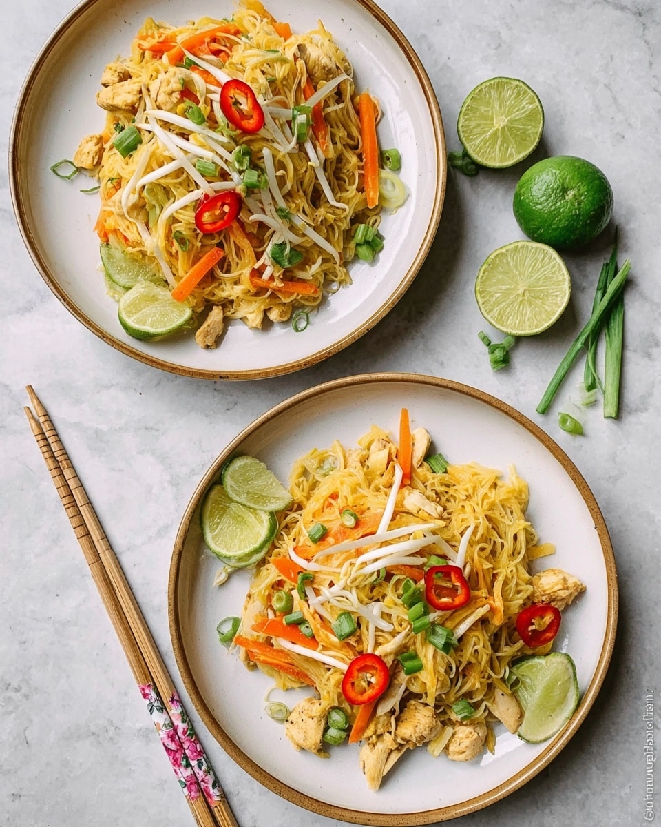 The dish shows a mix of light brown cooked chicken slices layered with thin yellow egg noodles and small pieces of scrambled egg. There are several long, thin white bean sprouts and thin red strips of bell pepper spread evenly across the top and throughout the dish. Bright green small rings of sliced green onion are sprinkled on the surface, adding fresh color. All these ingredients fill a shallow white bowl sitting on a white marbled surface. The textures of the chicken look tender, while the noodles and vegetables appear soft but fresh. Photo taken with an iphone --ar 4:5 --v 7