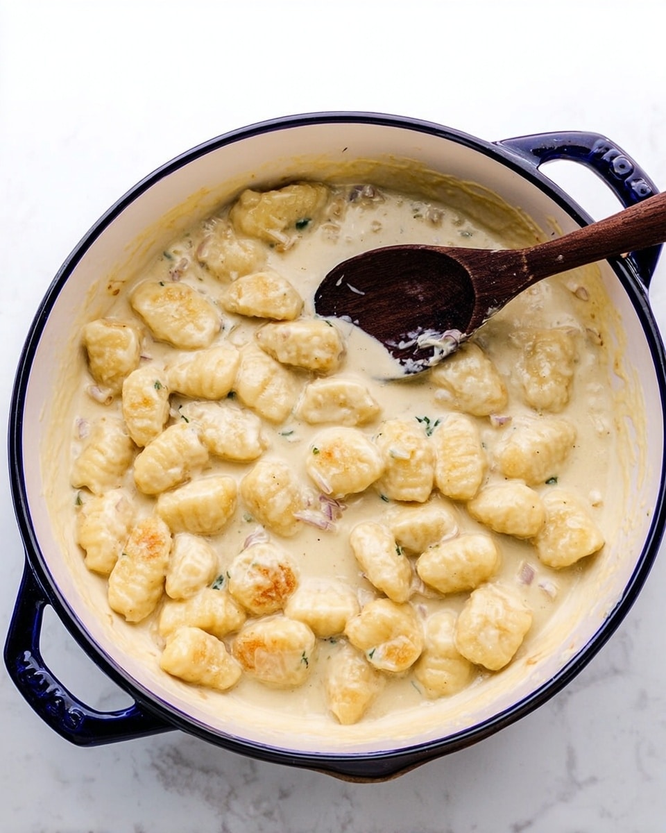 The image shows a white enamel pot with dark blue trim filled with light beige chunks of gnocchi in a creamy, slightly thick sauce. The sauce covers the gnocchi evenly, looking smooth and rich. There are small pieces of cooked onion mixed in the sauce, adding texture. A dark wooden spoon with a round shape is resting inside the pot, partially covered with the sauce. The pot sits on a white marbled surface. photo taken with an iphone --ar 4:5 --v 7