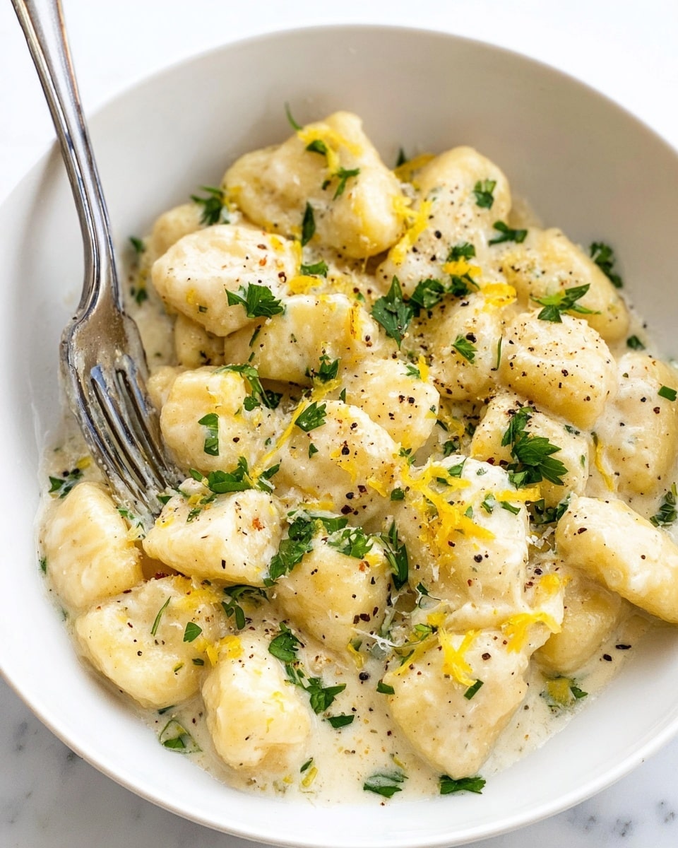 The image shows a white bowl filled with creamy gnocchi. The gnocchi pieces are soft and light yellow, covered in a thick creamy sauce. Small bits of green parsley are sprinkled on top, adding color contrast. Tiny black pepper specks and some grated cheese are scattered over the dish, along with small pieces of lemon zest. A silver fork is placed inside the bowl on the left side. The bowl is on a white marbled surface. photo taken with an iphone --ar 4:5 --v 7