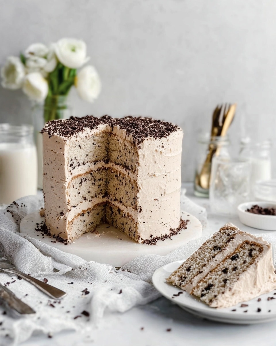 The image shows a tall, round cake with three visible layers of light brown sponge mixed with small dark crumbs. Between each sponge layer is a thick light brown cream frosting that looks smooth and slightly fluffy. The outside of the cake is also covered evenly with this cream frosting, and the top is sprinkled with more dark crumbs. A slice is taken out from the cake and placed flat on the white marbled surface in front of it, showing the inside layers clearly. The background includes a glass of milk, a vase with white flowers, and some cutlery in a glass jar, all sitting on a white marbled surface. Photo taken with an iphone --ar 4:5 --v 7