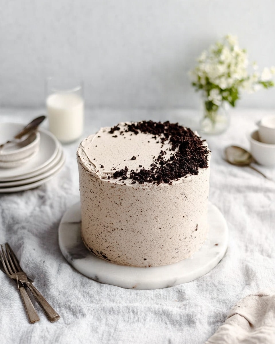 A tall round cake covered with light brown frosting that has a slightly rough texture. The cake is decorated with crushed dark crumbs sprinkled on the top edge and scattered a bit on the top surface. It sits on a white round cake board placed on a white marbled surface covered with a white cloth. Around the cake, there are white dishes, forks, a glass of milk, and a small bunch of white flowers in the background. The setting is bright and simple, emphasizing the cake's tall and creamy appearance. photo taken with an iphone --ar 4:5 --v 7